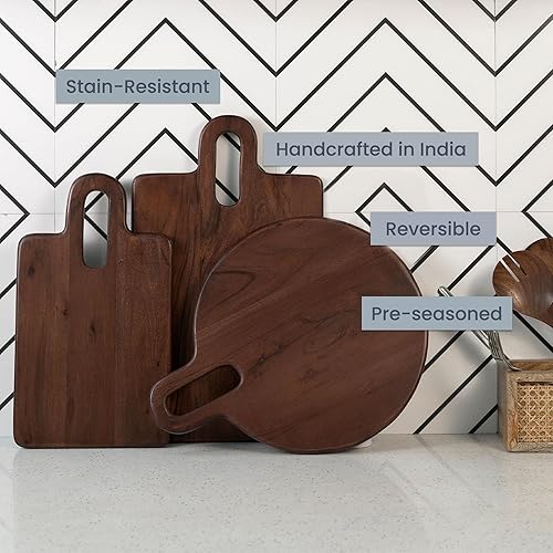 Vista 16 de The Fine Living Co. Tabla de madera para servir, tabla de cortar, tabla de madera de acacia, tabla de pan de pizza para servir carne, frutas, tabla