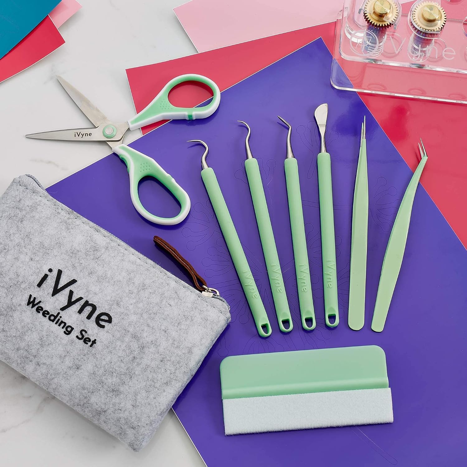 iVyne Vinyl Weeding Essentials: Light Pad, Complete 8pc Tool Set & Suction Scrap Collector Berry - Green