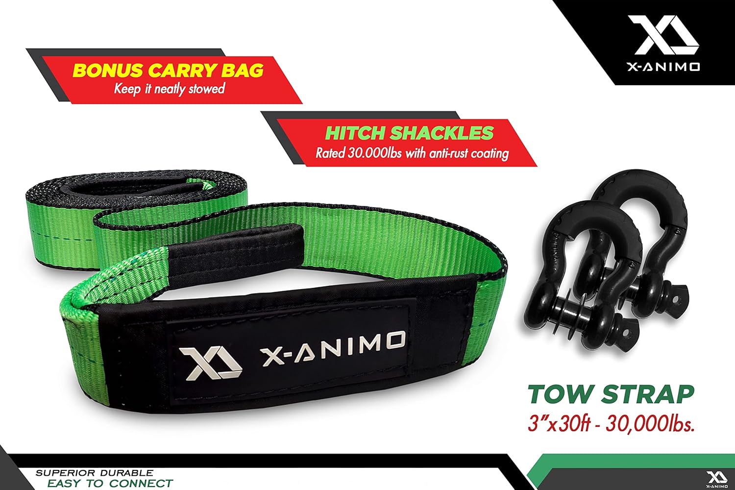 X-ANIMO Tow Strap Recovery Strap Offroad Recovery kit 3 in x 30 ft 30,000 lb Tow Rope & 3/4 in D Ring Shackles & Storage Bag. Tow Straps Heavy Duty with Hooks Offroad Accessories 4x4 Snatch Strap : Automotive