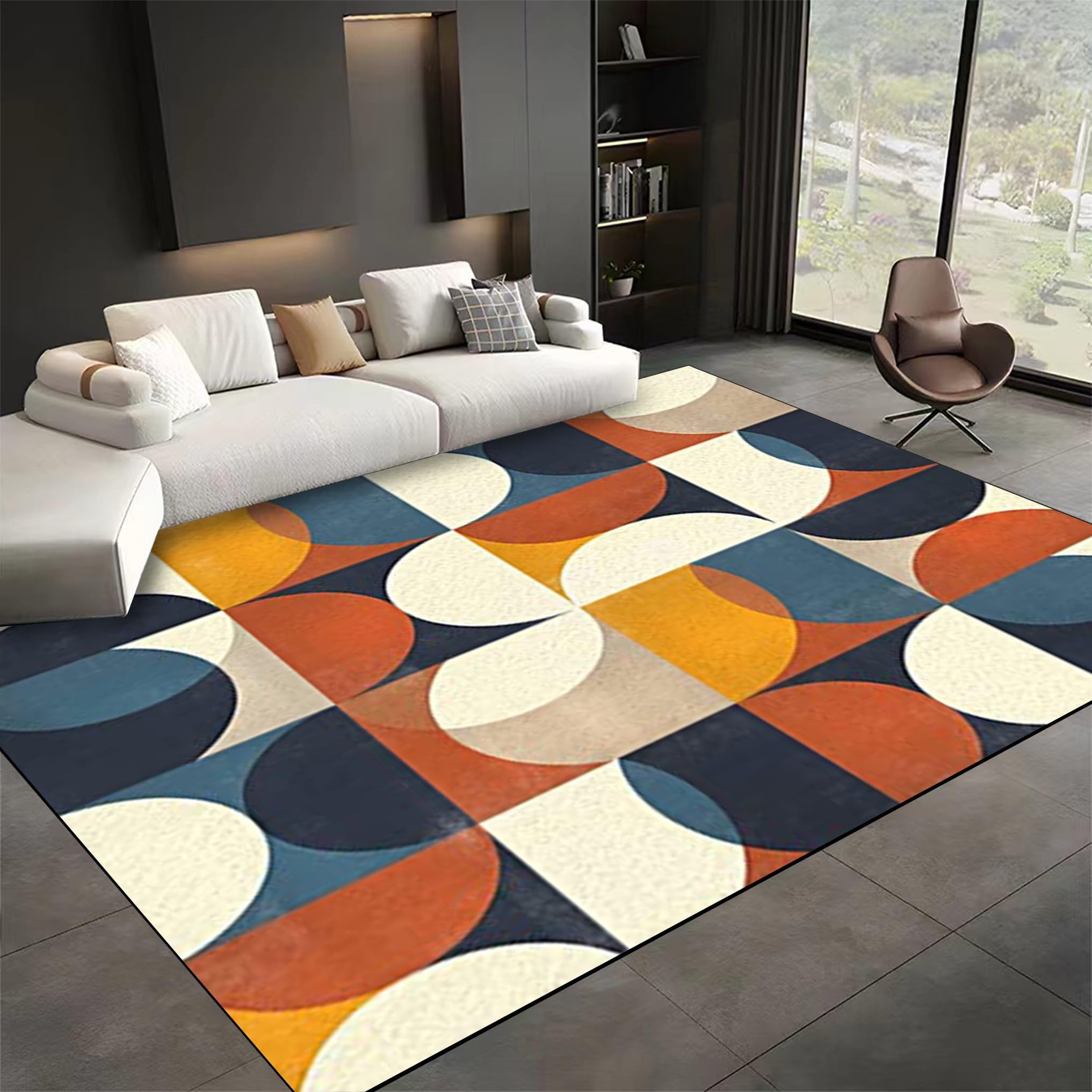 Mid-Century Geometric Area Rugs, 4x6ft, Vintage Orange Blue Oval