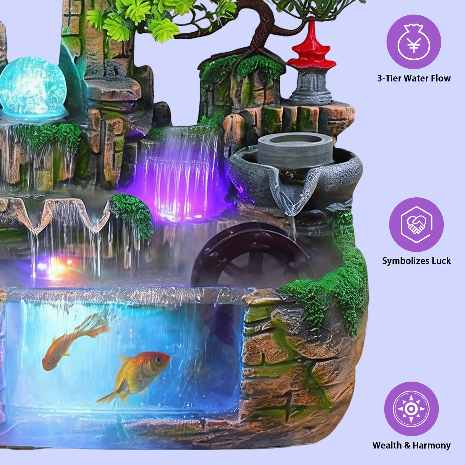 LED-Zimmerbrunnen mit Wasserfall & Zen Garten, Dekorativer Tischbrunnen mit Regengeräuschen, Steingarten Brunnen mit Aquarium & Pflanzen, Leiser Mini-Brunnen für Wohnzimmer, Büro