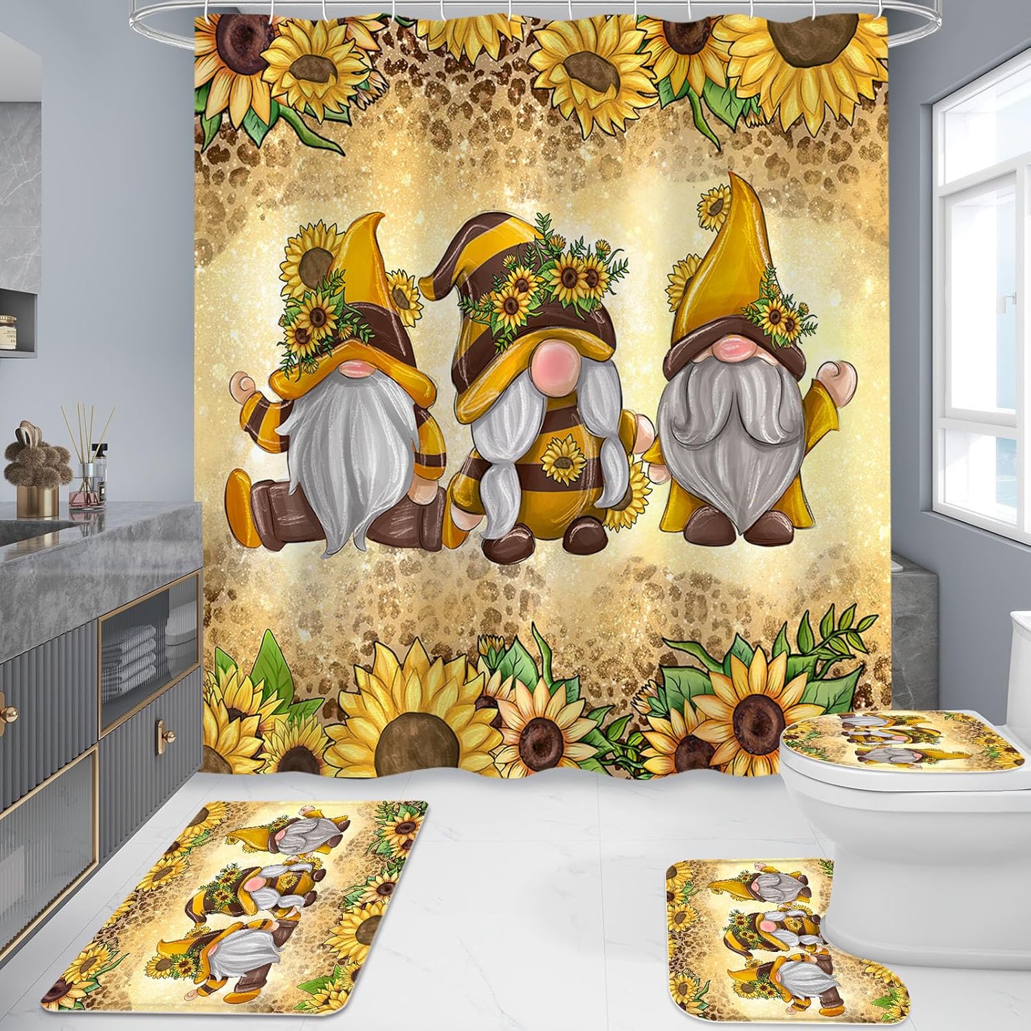 Litabel 4 Pcs Sunflower Gnomes Shower Curtain Set with Non-Slip Rugs, Toilet Lid Cover and Bath Mat, Farmhouse Country Bathroom Decor Set with Shower Curtain and Rugs(Hooks Not Included)