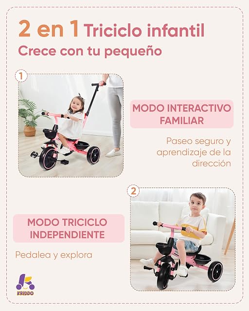 Foto 2 de 6 de KRIDDO Triciclo Evolutivo, 1,5 a 5 Años, Barra de Empuje Ajustable, Rosa