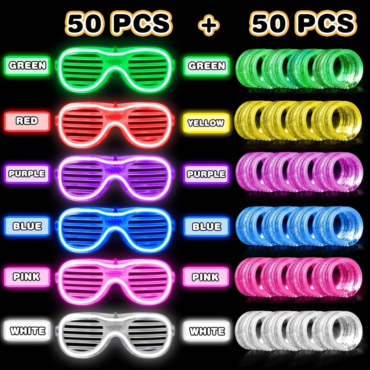 100 Pack Light up Glasses & LED Bracelets with 6 Colors & 3 Flashing Mode, Neon Bulk Gift for Kids and Adults Glow in the Dark Party favors, Halloween, Birthday, Wedding Supplies, Glow Bingo, Carnival