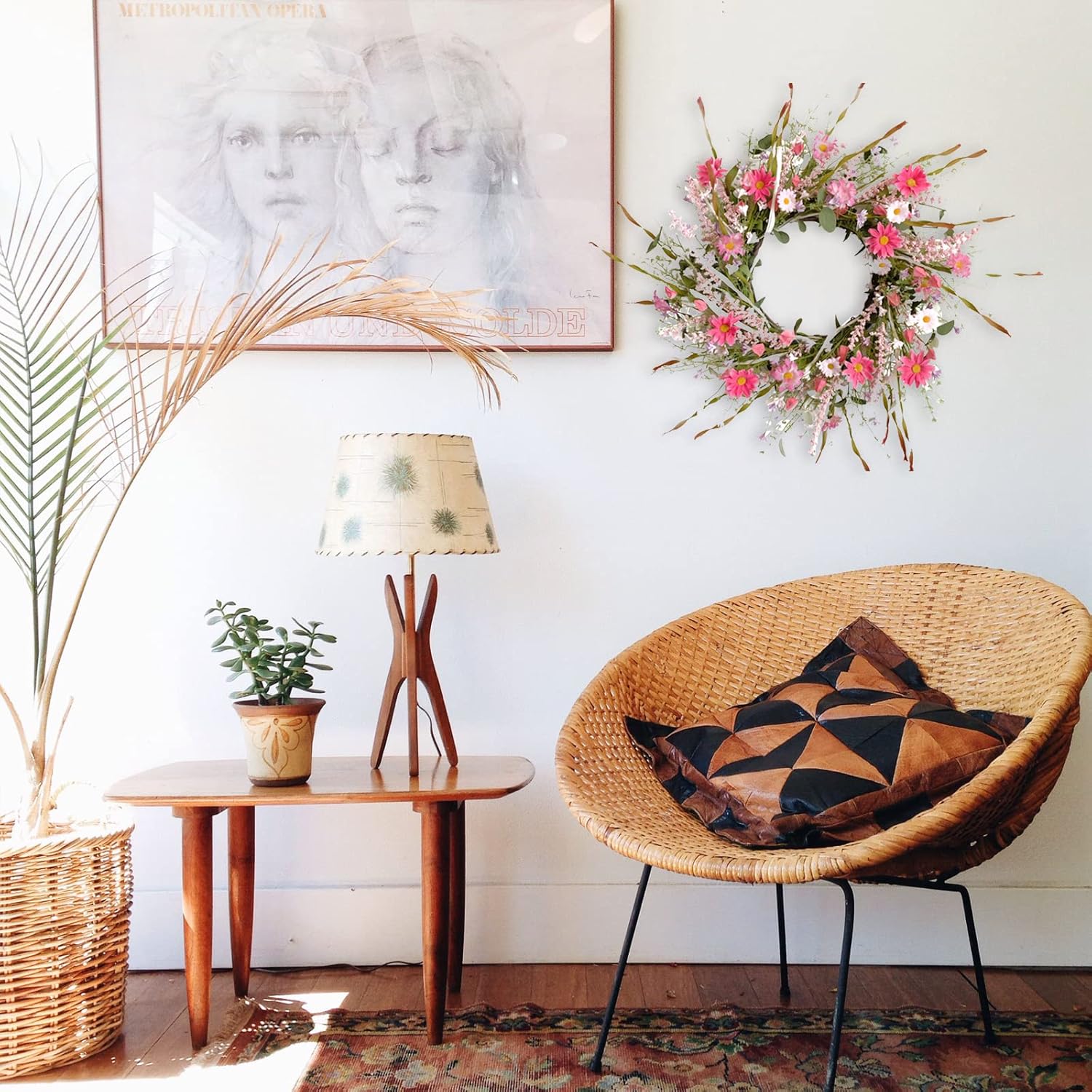 TEMPUS 24 Inch Artificial Spring and Summer for Front Door Wreath Pink Daisy and Lavender Wreath Garden Party Home Wall Wedding Decor