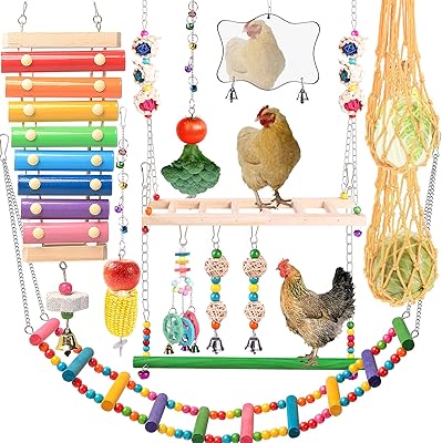 KAKUNM Chicken Toys for Coop 12PCS, Chicken Xylophone, Chicken Swing Set, Chicken Mirror Toy, Chicken Flexible Ladder, Chicken Vegetable String Bag and Hanging Feeder, Chicken coop Toys for hens