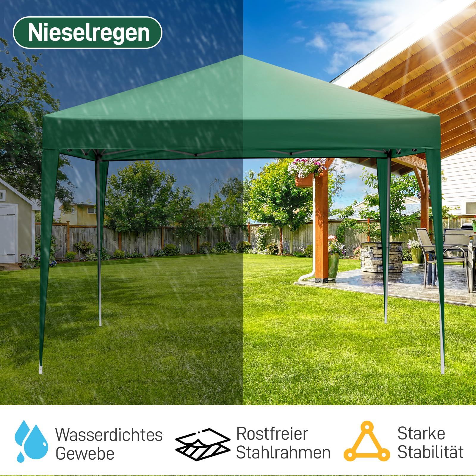 LEADZM Pavillon 3x3m,Pop-up Faltpavillon,Stabil,Wasserdicht,Stahlrahmen,Höhenverstellbar,UV Schutz 50+,Gartenzelt,Partyzelt,für Garten,Party,Camping,Grün