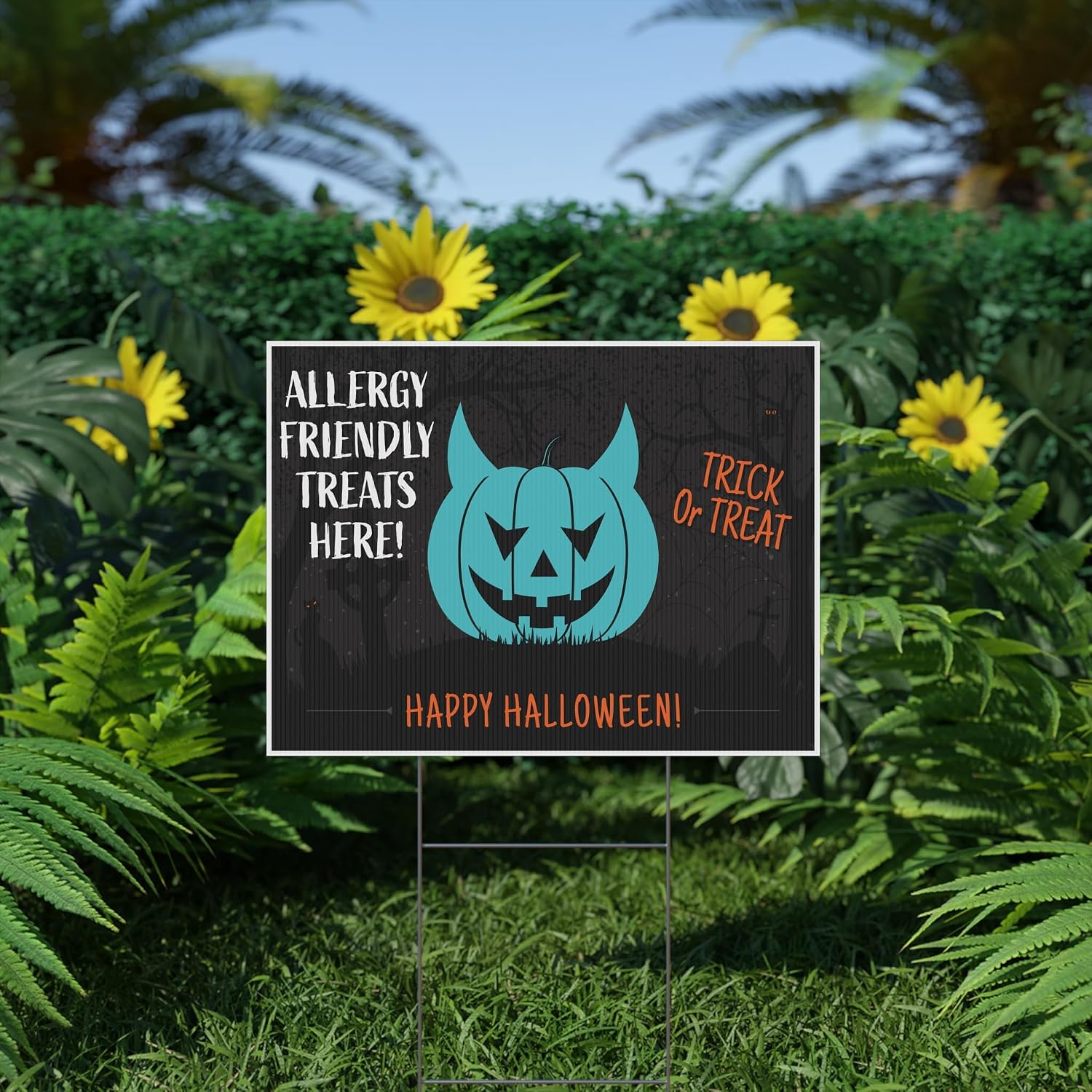 Halloween Allergy Friendly Treats Yard Sign, Printed Double Sided, Metal H-Stake Included (Teal, 24x18 Inches)