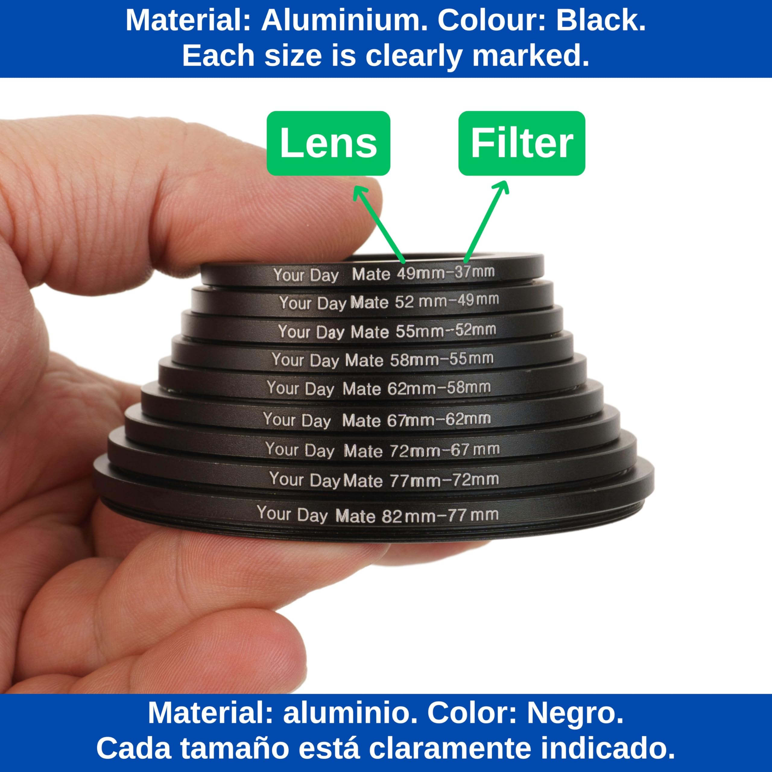 Step Down Ring, Ø 58 à 55 mm de diamètre, Compatible avec Les objectifs de Fabricants tels Que Canon, Sony, Nikon, Fujifilm, Adaptateur de Filtre pour Objectif d'appareil Photo, Step-Down Ring alu
