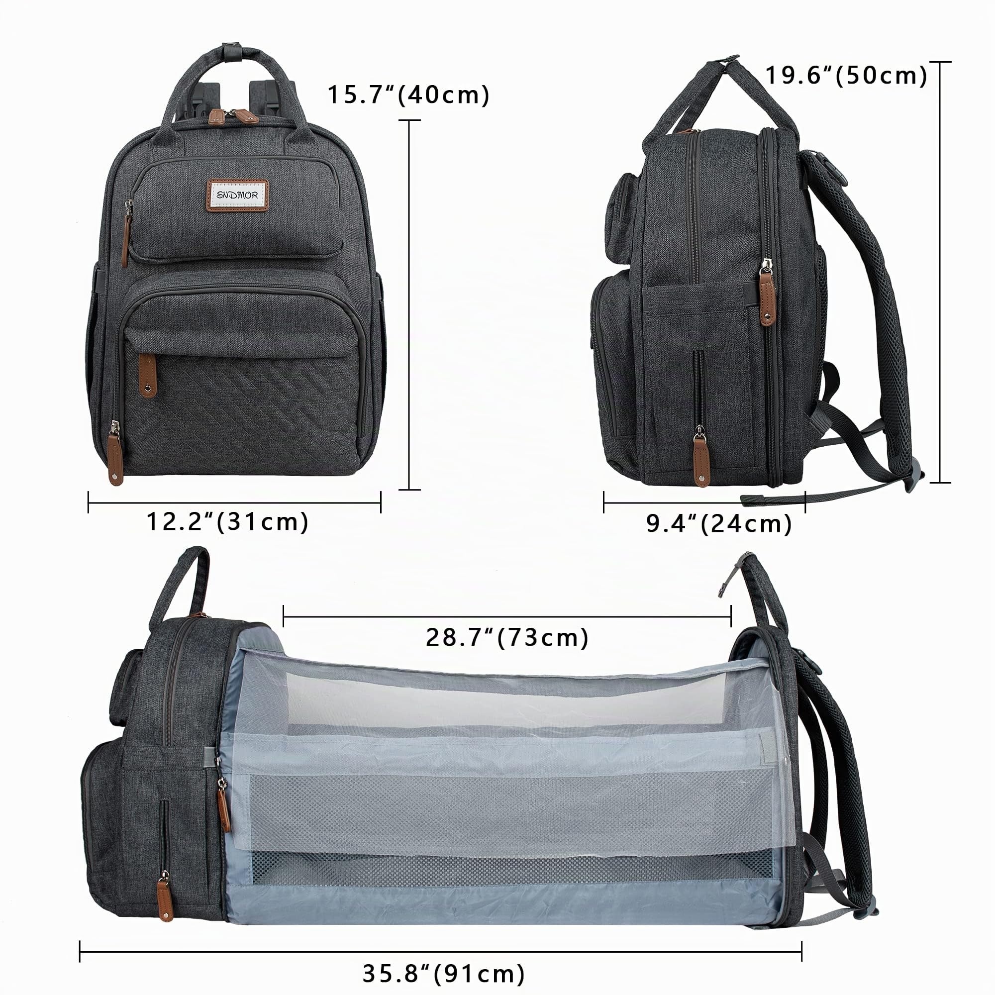 SNDMOR Wickeltasche Rucksack, Baby Wickeltasche mit Wickelstation, Große Unisex Babytasche mit Wickelunterlage, Großes Fassungsvermögen, Wasserdicht und Stylisch (Dunkelgrau)