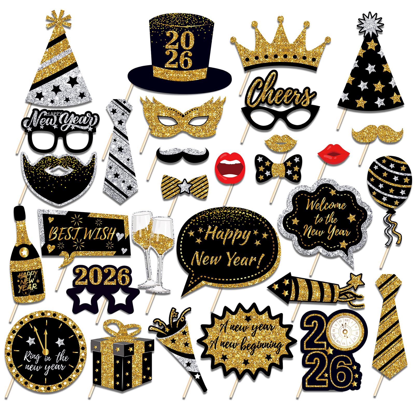 New Years Eve Photo Booth Props 2026, 30 Pcs Black Gold and Silver Funny New Years Eve Party Photo Booth Props for Happy New Year 2026 Party