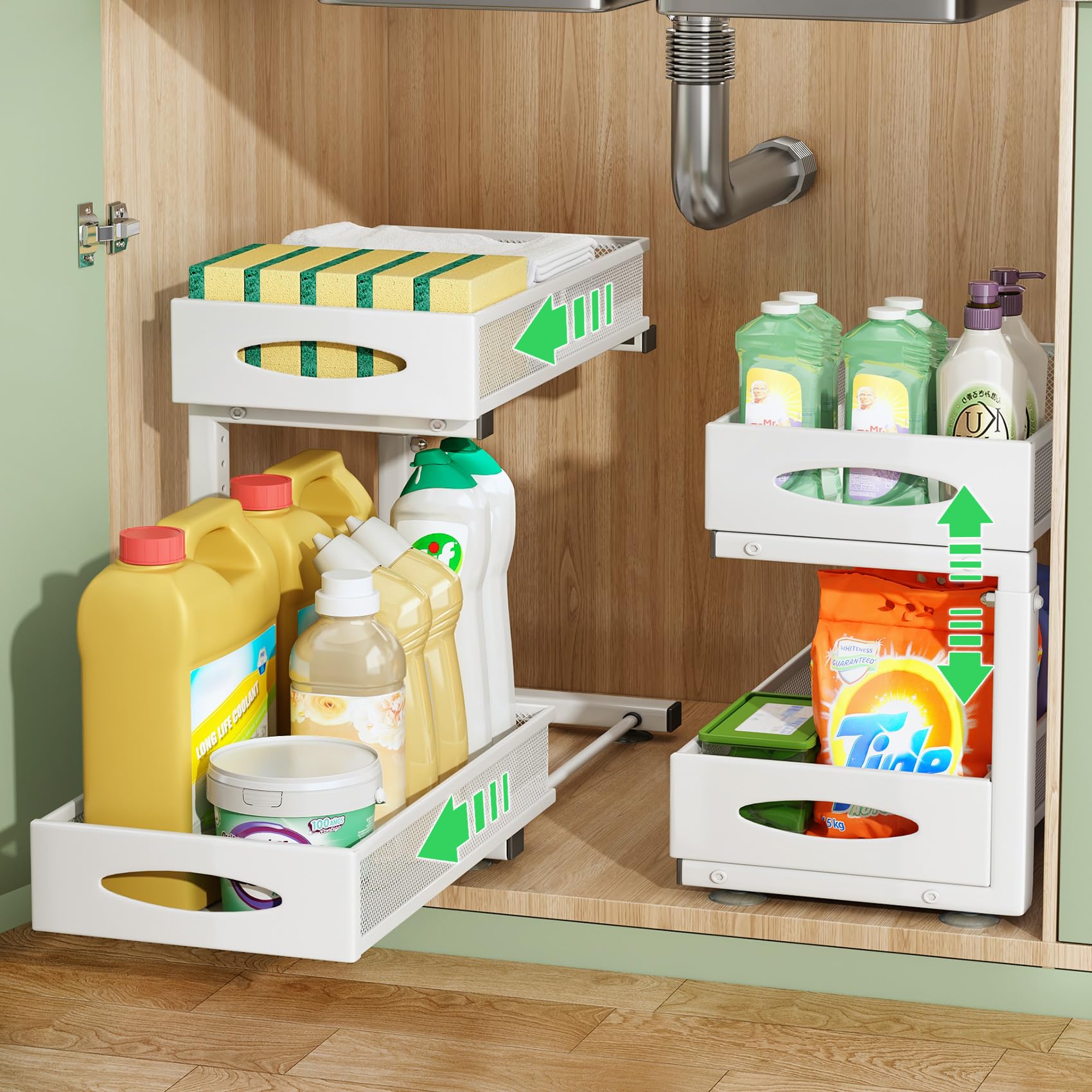 Under Sink Organizer, 2 Pack 2 Tier Pull out Cabinet Organizer Baskets with Mesh Sliding Drawers, Slide out Sink Storage Shelves for Kitchen, Bathroom, Pantry, Cabinet Organizers and Storage(White)