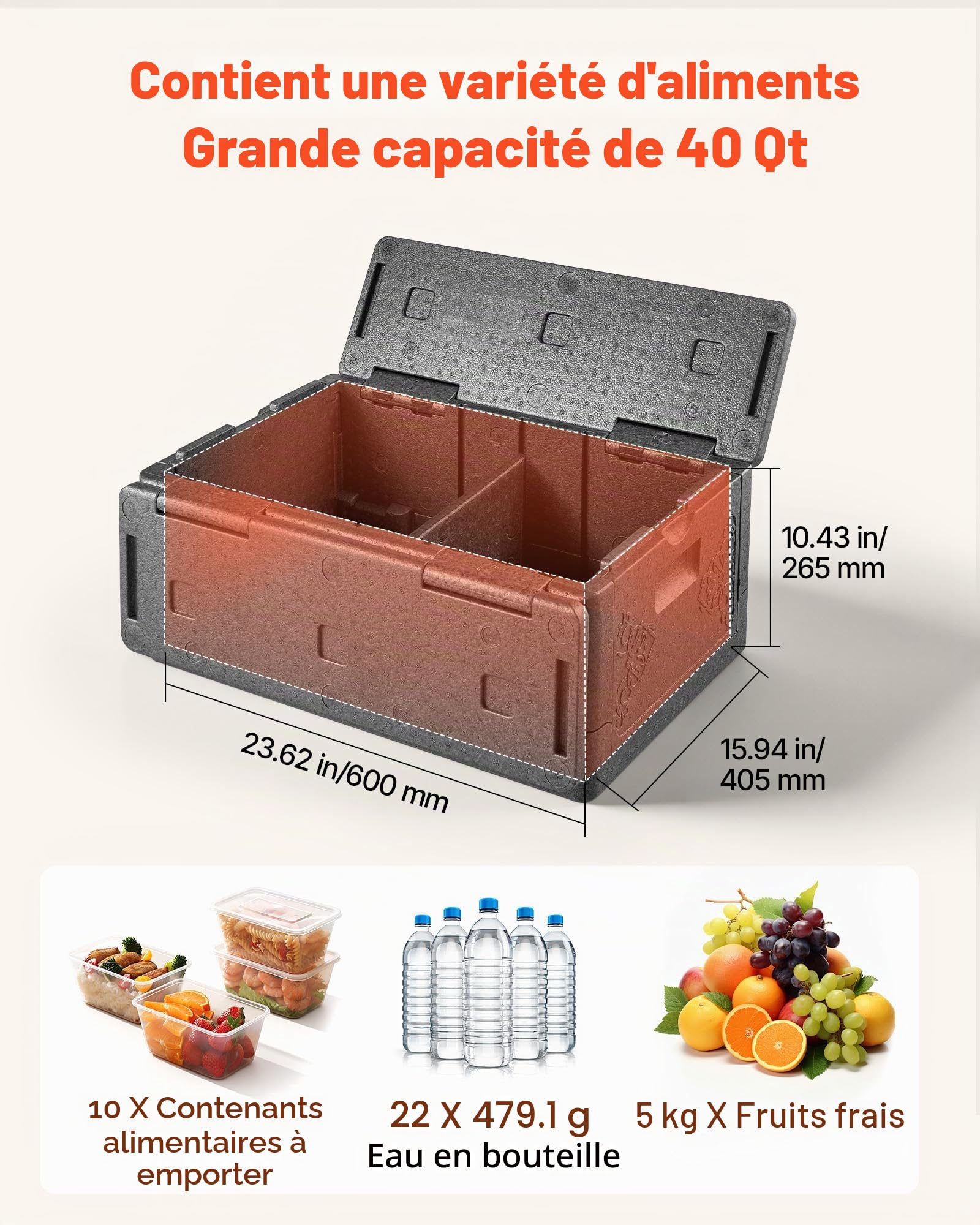 VEVOR Caisse Isotherme 38 L, Boîte de Transport Isotherme Passive sans Électricité, pour Livraison Traiteur Barbecue Restaurantion, Caisson Maintien au Chaud ou au Froid Pliable et Léger en PPE, Gris