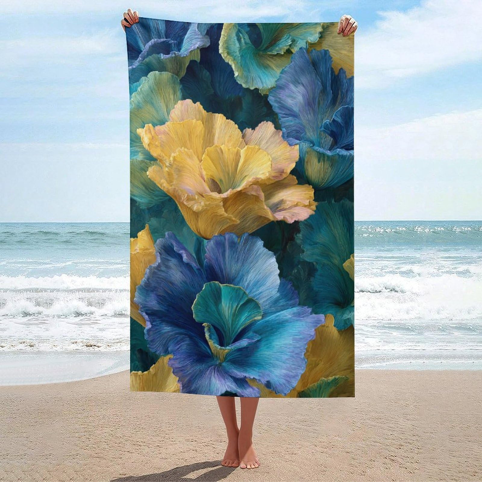 asbwuo Large Blue Yellow and Teal Flowers Beach Towel