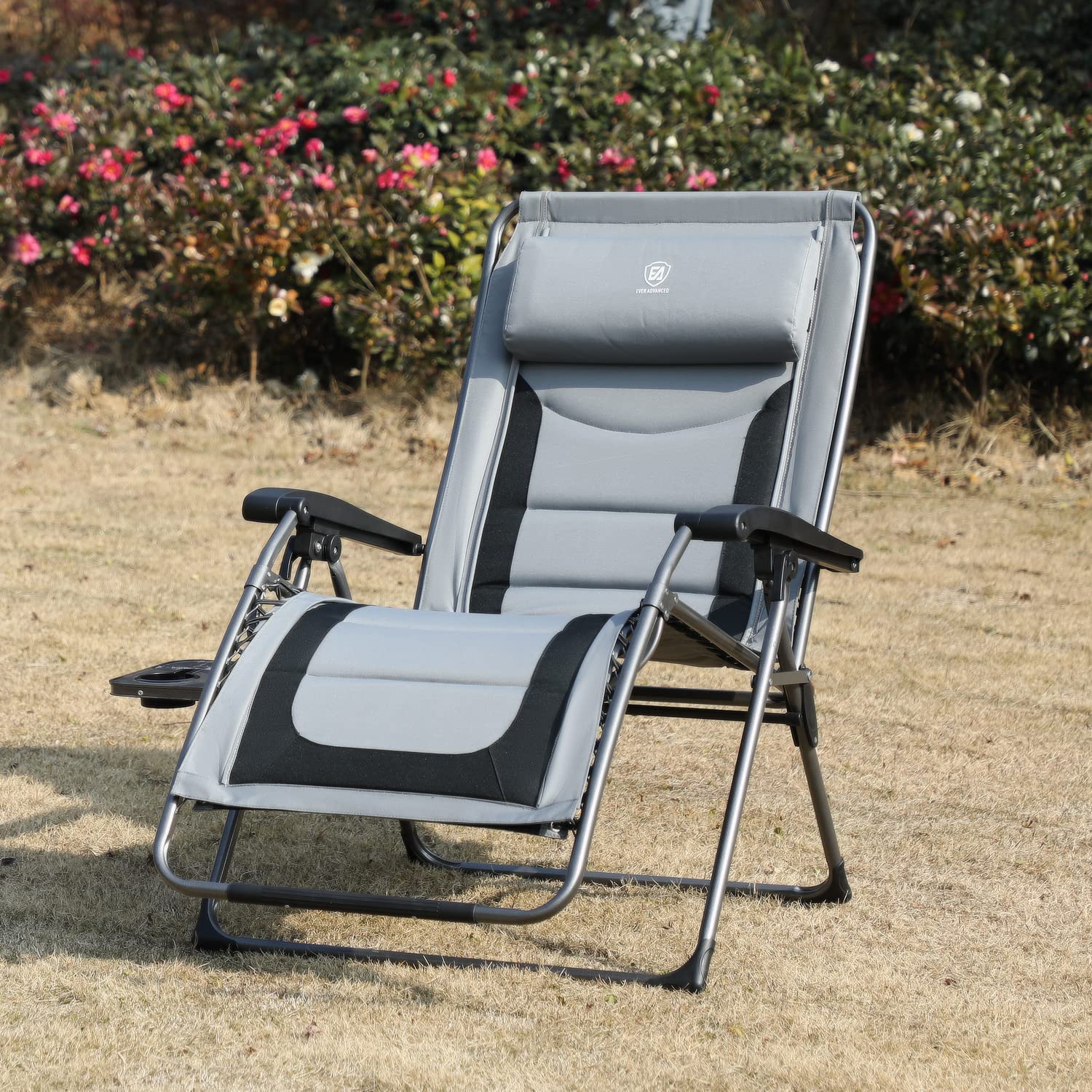 EVER ADVANCED Zero Gravity Lounge Chair with Padded Seat and Back,Oversize Recliner with Adjustable Headrest and Side Table, Support 300 lbs(Grey)
