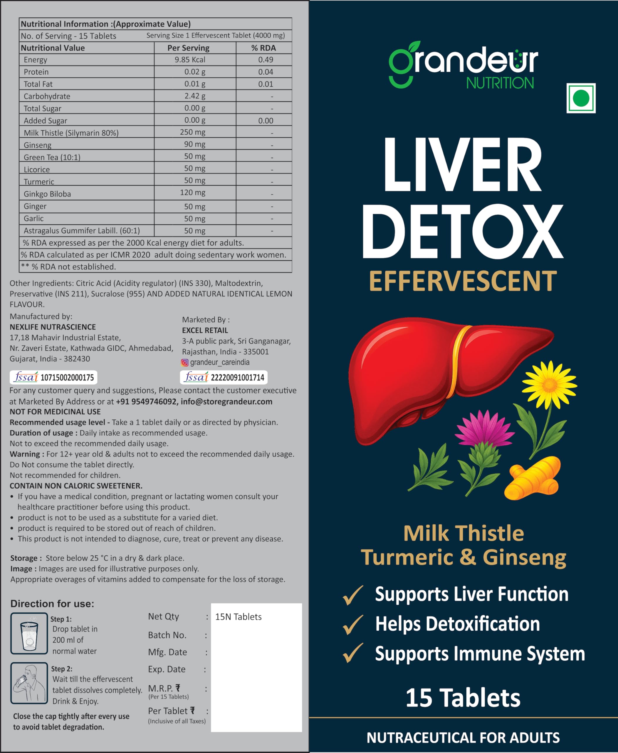 Grandeur Liver Detox Supplement | Effervescent Liver DetoxTablets with Milk Thistle, Ginseng & Turmeric — Lemon Flavor — Supports Liver Health & Detox, Boosts Immunity — 15 Sugar-Free Tablets 1