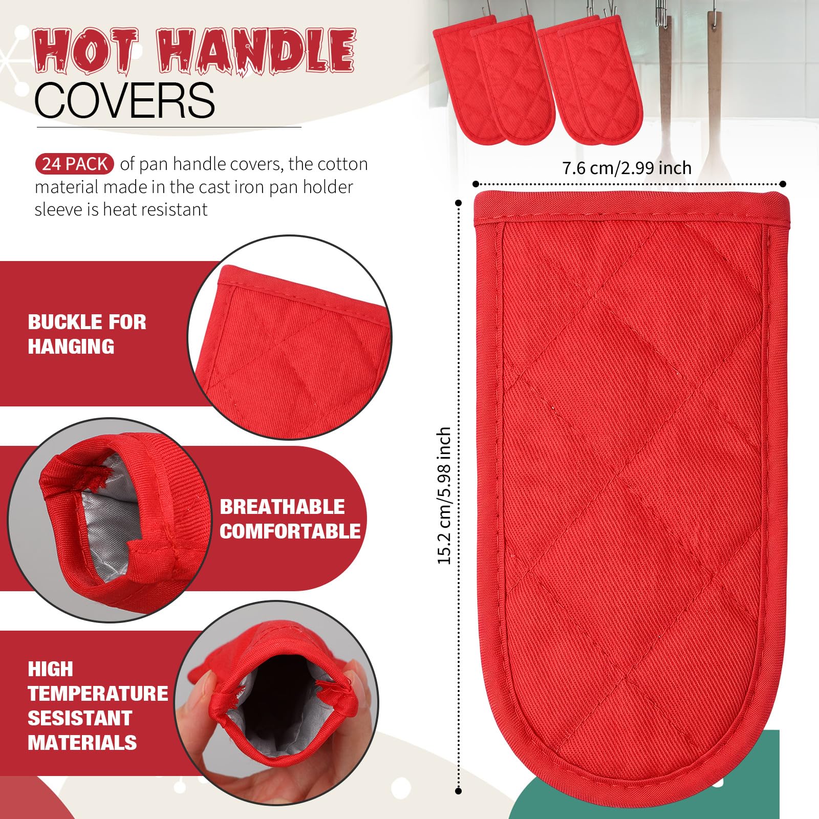 Dandat Set di 24 coperture per maniglie calde per uso quotidiano, per sostituire i regali, in ghisa, resistenti al calore, lavabili, per Natale, cucina, regali artigianali (rosso)
