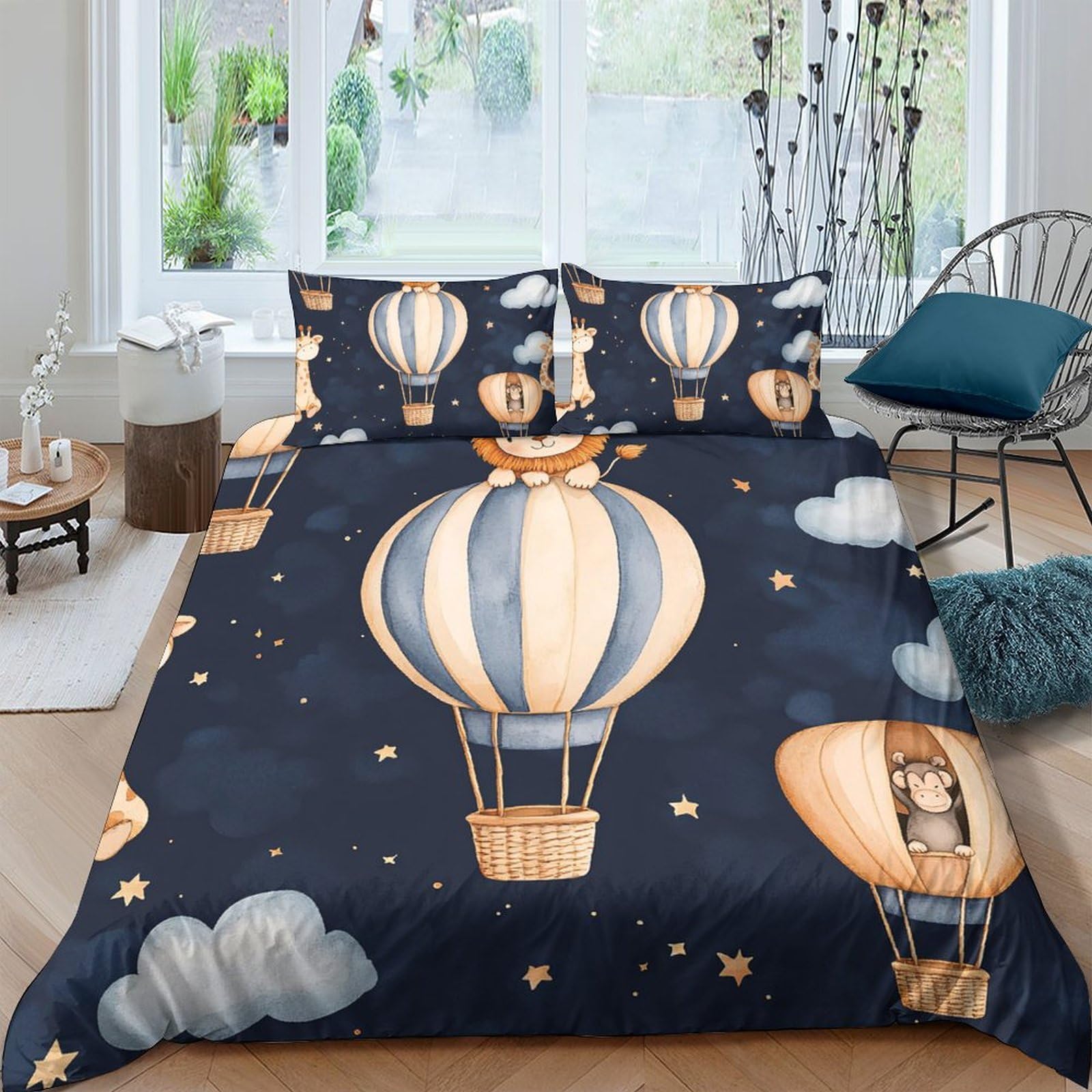 Ctjqhvkz Style-5 3D Printed Hot Air Balloon Fitted Sheet Microfiber Navy Bedroom Decor Cloud Bed Cover Machine Washable Single（135X200cm）