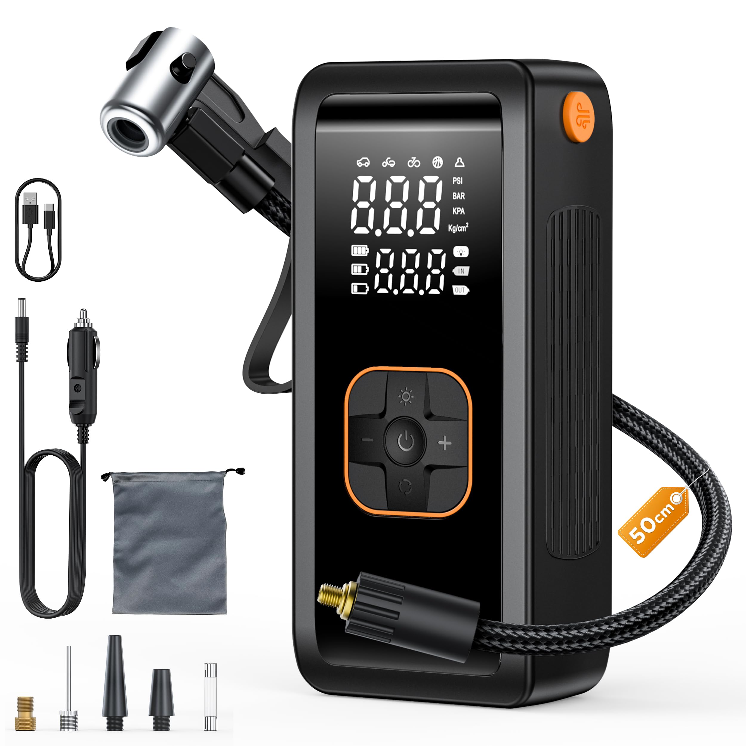 Compresor Aire Portatil, 150PSI Inflador Ruedas Coche, recargable Electrico Compresor Aire Coche por USB-C, con luz LED para inflador bicicletas, E-bicicleta, motocicleta, Balones