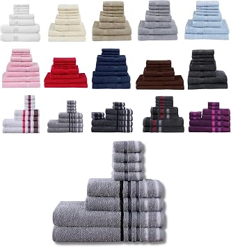 8 Piece Towel Bale Set - 600 GSM Egyptian Cotton, Ultra Soft, Absorbent & Durable Terry Towels for Face, Hand & Bath Towel Stripe Border Silver, Bale of 8