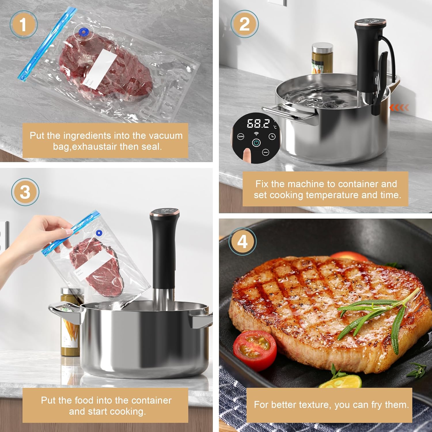 Steps 2 and 3 of setting up the Karinear Sous Vide Machine: attaching it to a pot and submerging the food.