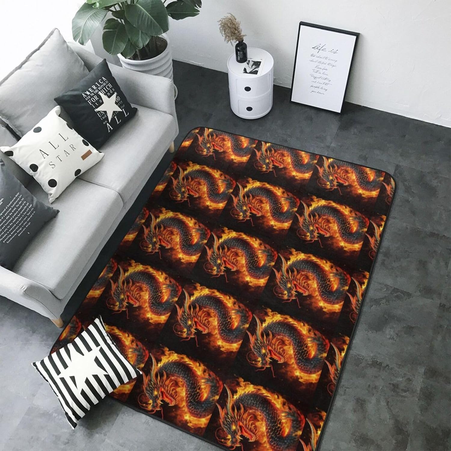 Flannel Non-Slip (Fire Chinese Dragon) Rug Pad 80Ã—50in Soft Washable Protective for Hardwood Floors Bedroom Bathroom Living Room