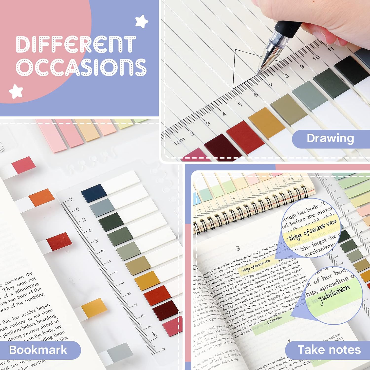 1440 Pieces 2 Sizes Sticky Index Tabs Page Markers Sticky Notes Translucent Writable and Repositionable File Tabs Annotation Tabs with Ruler for Page Marking Classify File Notes : Office Products