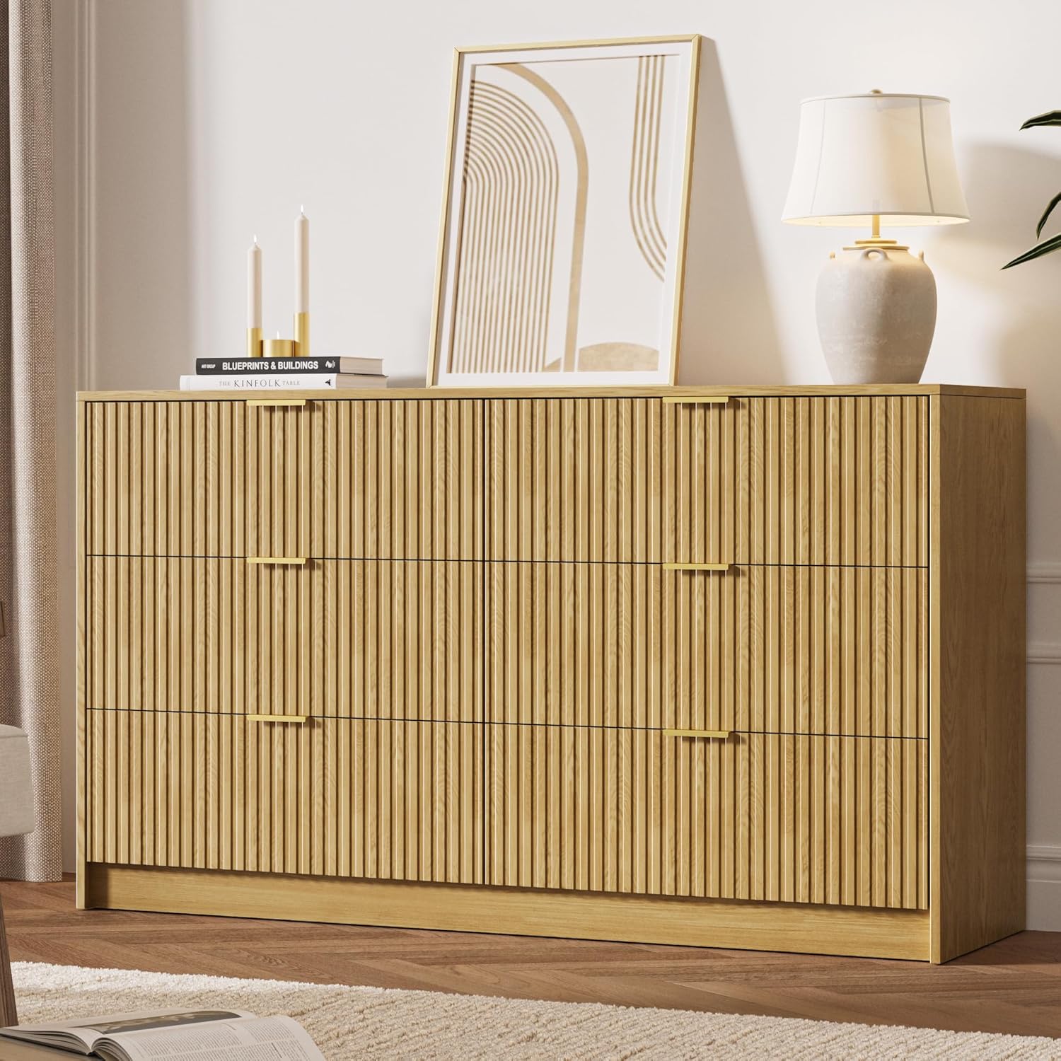 MAISONARIA 6 Drawer Dresser for Bedroom, 55" Wide Modern Chest of Drawers with Gold Metal Handles, Fluted Wood TV Stand for Living Room, Hallway, Natural