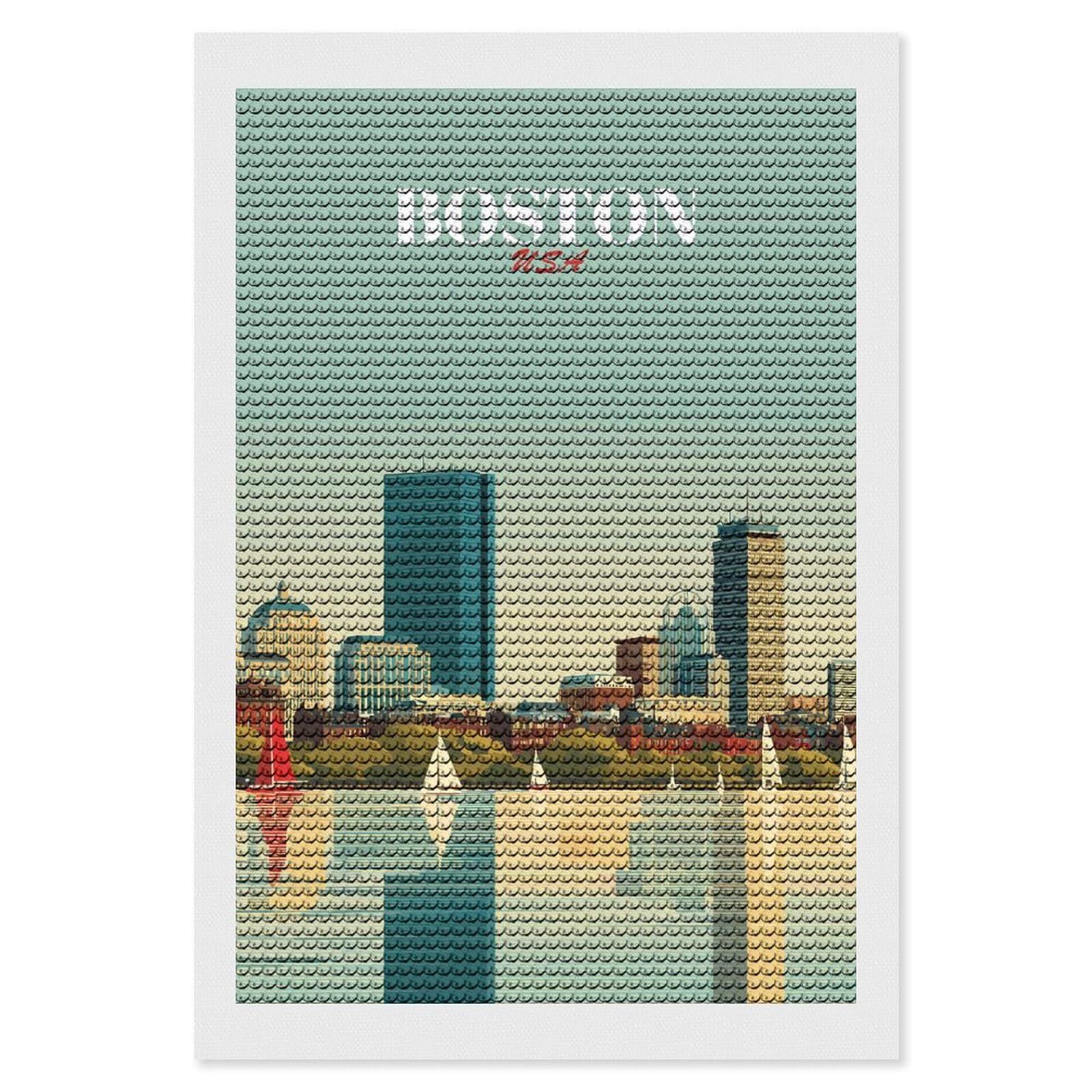 Junmoney Boston USA Skyline Art Diamond Painting Canvas Set 8"x12", Mindful Craft Activity, Nice Detail and Sparkle, Farmhouse Decor, Birthday Gift