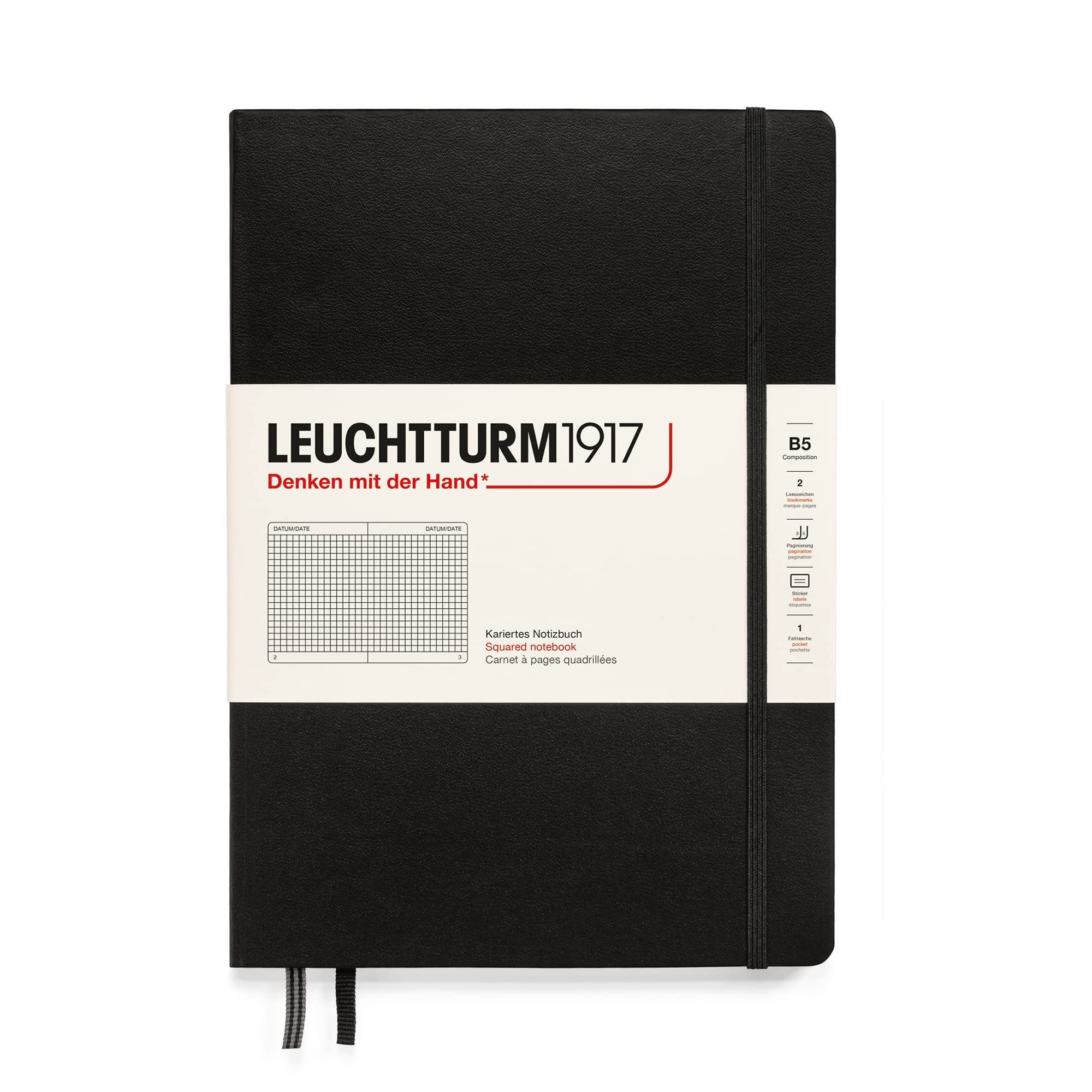 LEUCHTTURM1917Notebook Hardcover Composition B5-219 Numbered Pages for Writing and Journaling (Black, Squared)