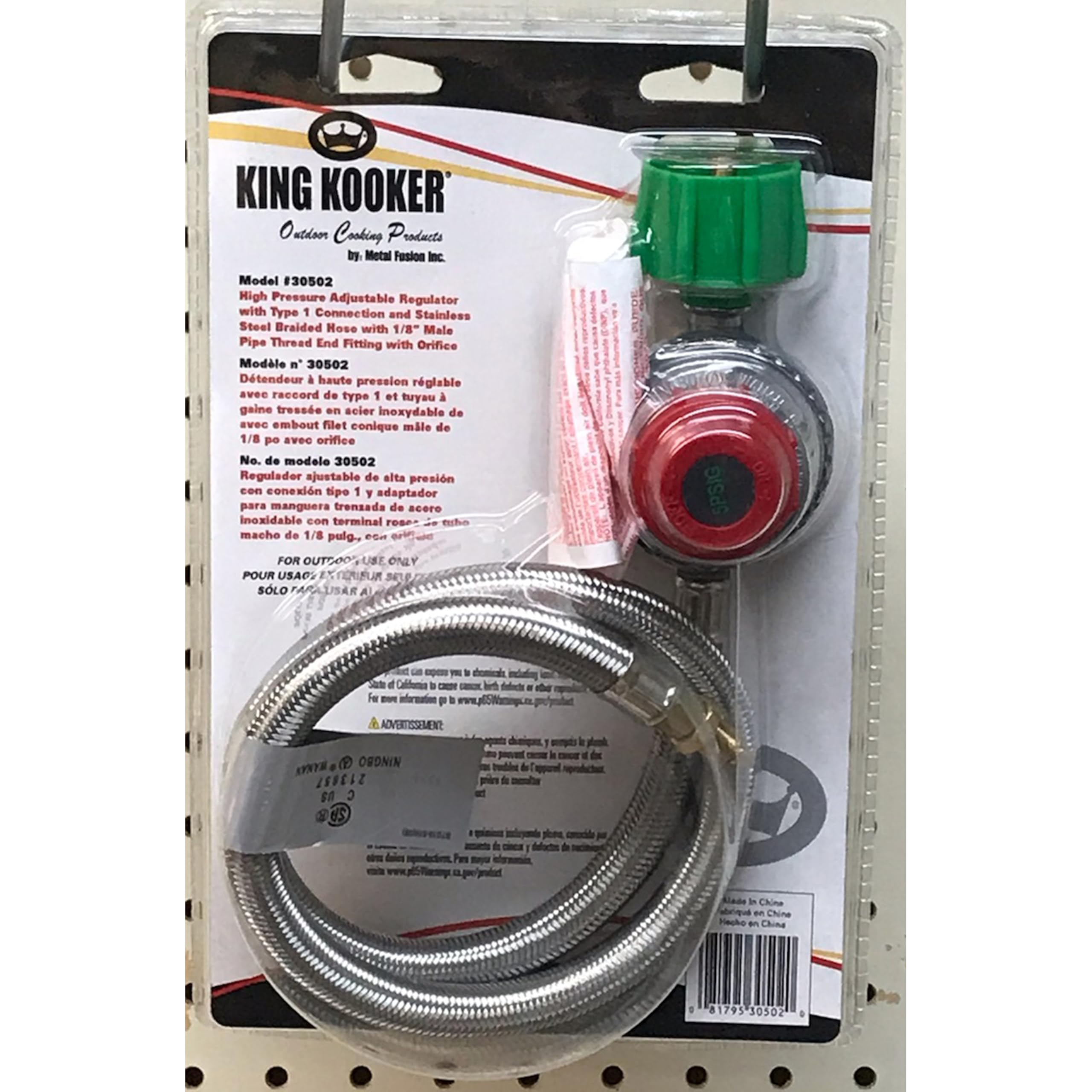 King Kooker 30502 Regulator wysokiego ciśnienia z przyłączem typu 1 i wężem w oplocie ze stali nierdzewnej z gwintem zewnętrznym 1/8 cala z otworem