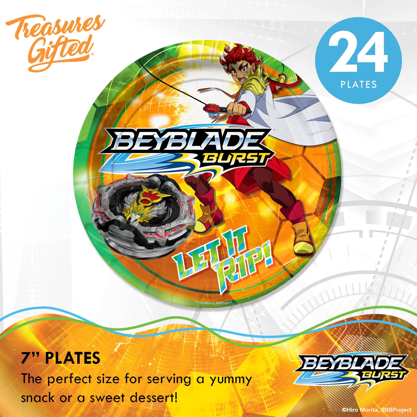 Treasures Gifted Officially Licensed BEYBLADE BURST Party Supplies - 7in Dessert BEYBLADE Plates 24ct - BEYBLADE Birthday Party Supplies - BEYBLADE Party Supplies - BEYBLADE Party Plates