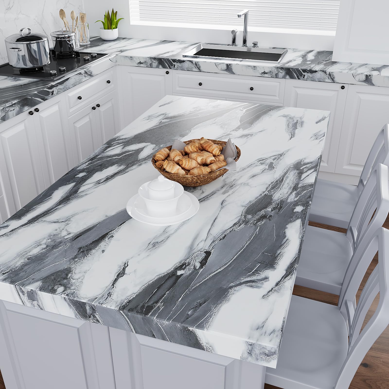 VEELIKE Papel de contacto de mármol líquido blanco y negro de 354 x 32 pulgadas de ancho, para encimeras de despegar y pegar, papel tapiz impermeable para cocina, baño, cubierta de encimera, papel