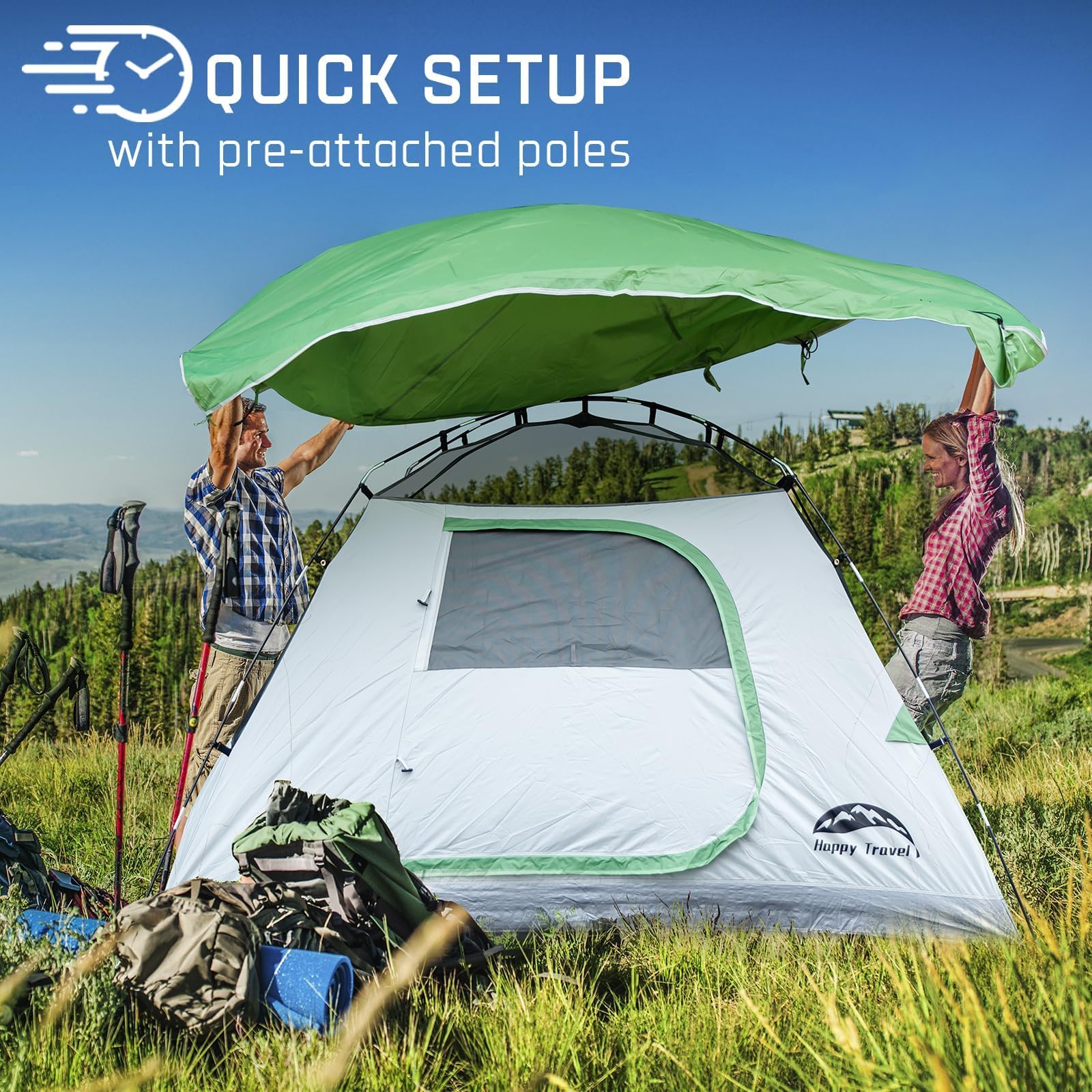 Happy Travel Campingzelt, 4/5 Personen Kuppelzelte für Camping mit Regenfliege, wasserdichter Clip, einfacher Aufbau, tragbares Familienzelt mit Netzfenstern, 20% mehr Kopffreiheit Rucksackzelte für