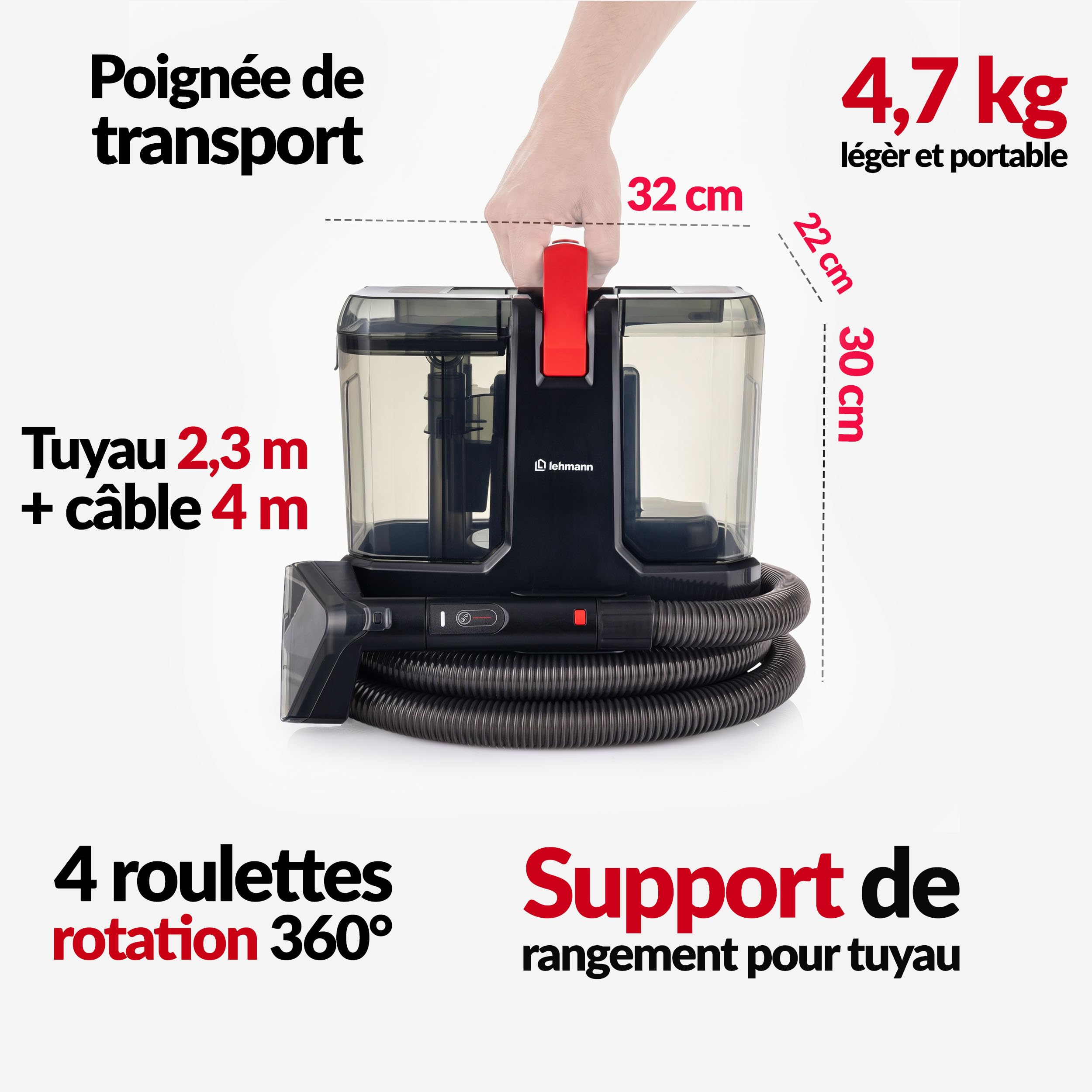 LEHMANN SteamWash 1800 - Nettoyeur Vapeur 4 en 1 & Aspirateur Injecteur Extracteur, Nettoyeur à Main Portable Canapé, Tapis, Voiture, Eau Chaude 60°C, Vapeur 116°C, 16 kPa