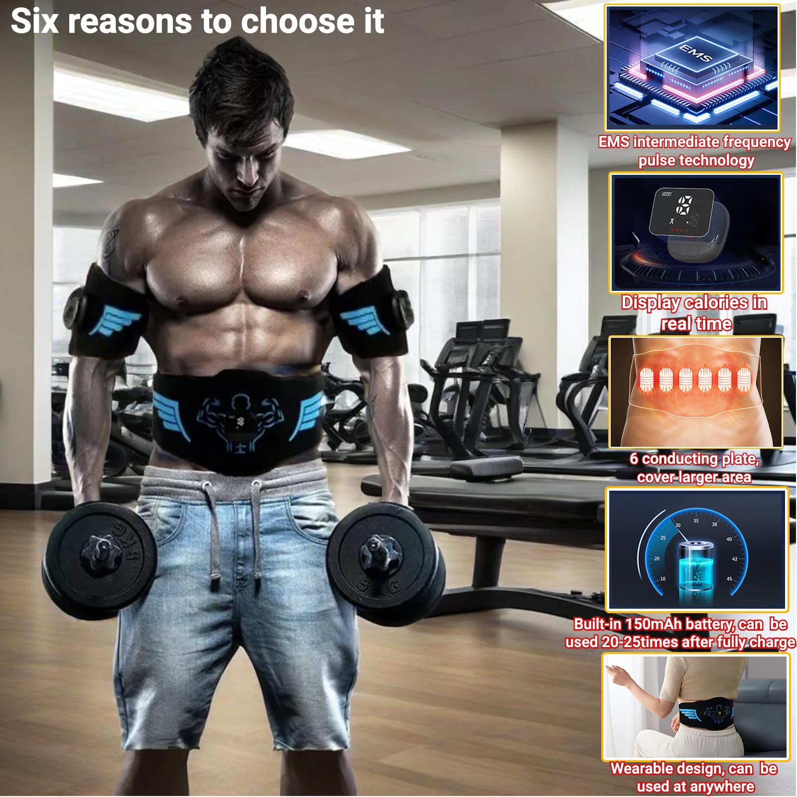 Stymulator mięśni EMS, 10 trybów, 30 poziomów pasa brzusznego z ładowarką USB, timer, przenośny sprzęt fitness do domowego biura do treningu ramion i odchudzania