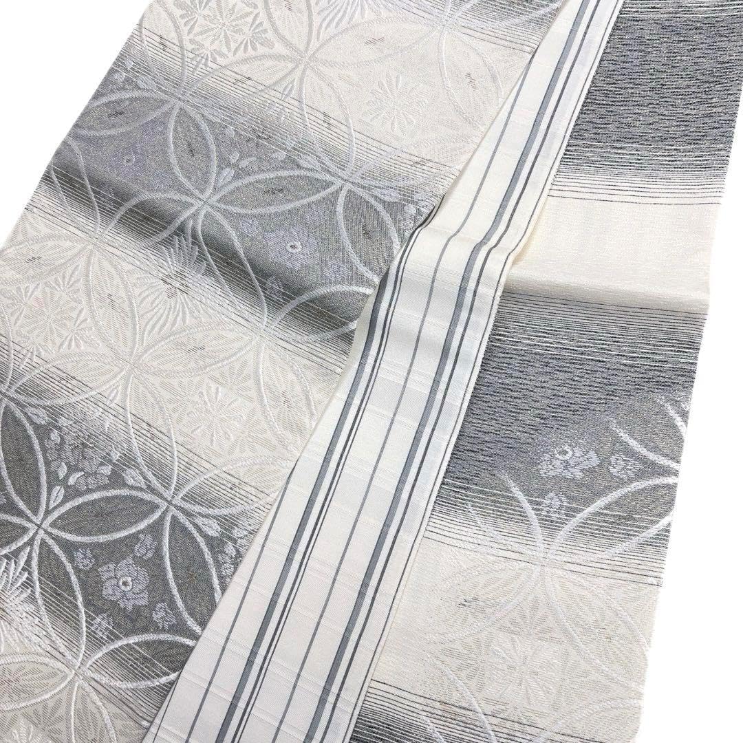未着用 袋帯 横縞 七宝 華紋 花模様 ホワイト グレー 着物 115a d