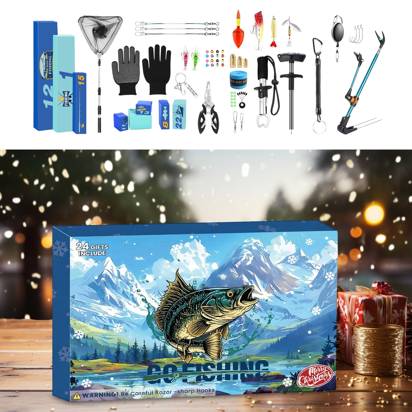 Calendario Adviento Pesca Navidad Portacañas Pinza Atador Anzuelos | 24 Días Cuenta Atrás Navidad Aparejos Pesqueros para Hombres Festivo Adviento Pescador Adulto Esposo Novio