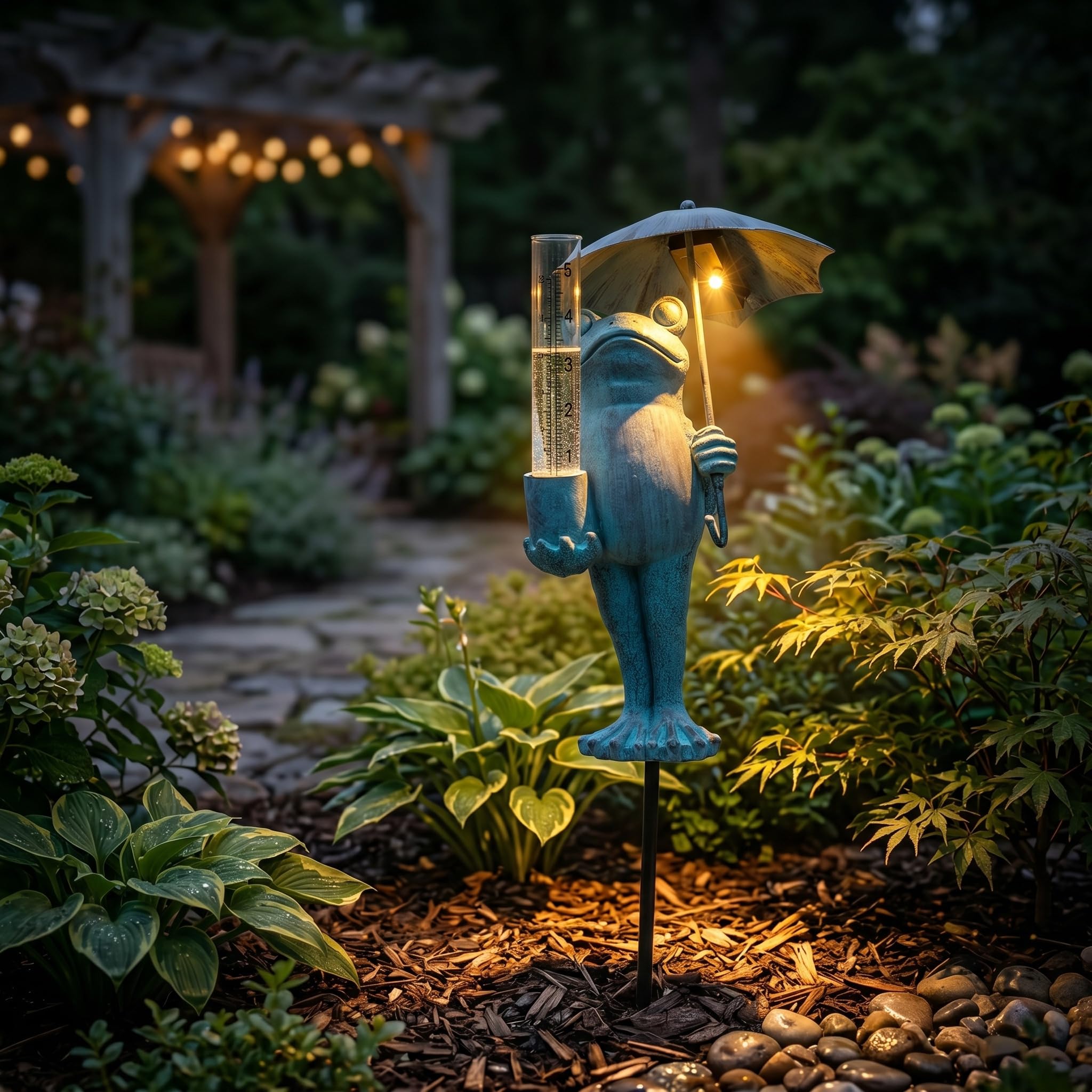 Topadorn Pluviometro a forma di rana in resina, con luci a LED solari per esterni, altezza 54 cm, decorazione da giardino blu, capacità di pioggia di 12,7 cm, facile da leggere