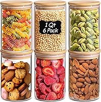 ComSaf 1Qt Glass Storage Jars with Airtight Lids - Set of 6 Round Clear Canisters for Pantry Kitchen Organization Cookies Pasta Flour Rice