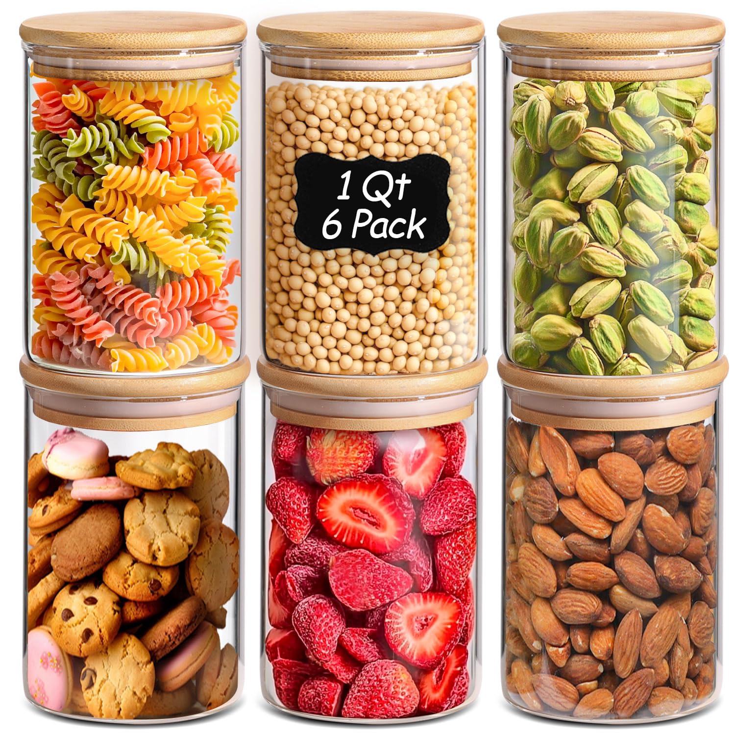 ComSaf 1 Qt Glass Storage Containers with Lids, Glass Jars with Lids, Clear Food Storage Jar, Round Canister Set of 6, Pantry Organizers for Cookie Pasta Flour Rice Tea Coffee Bean