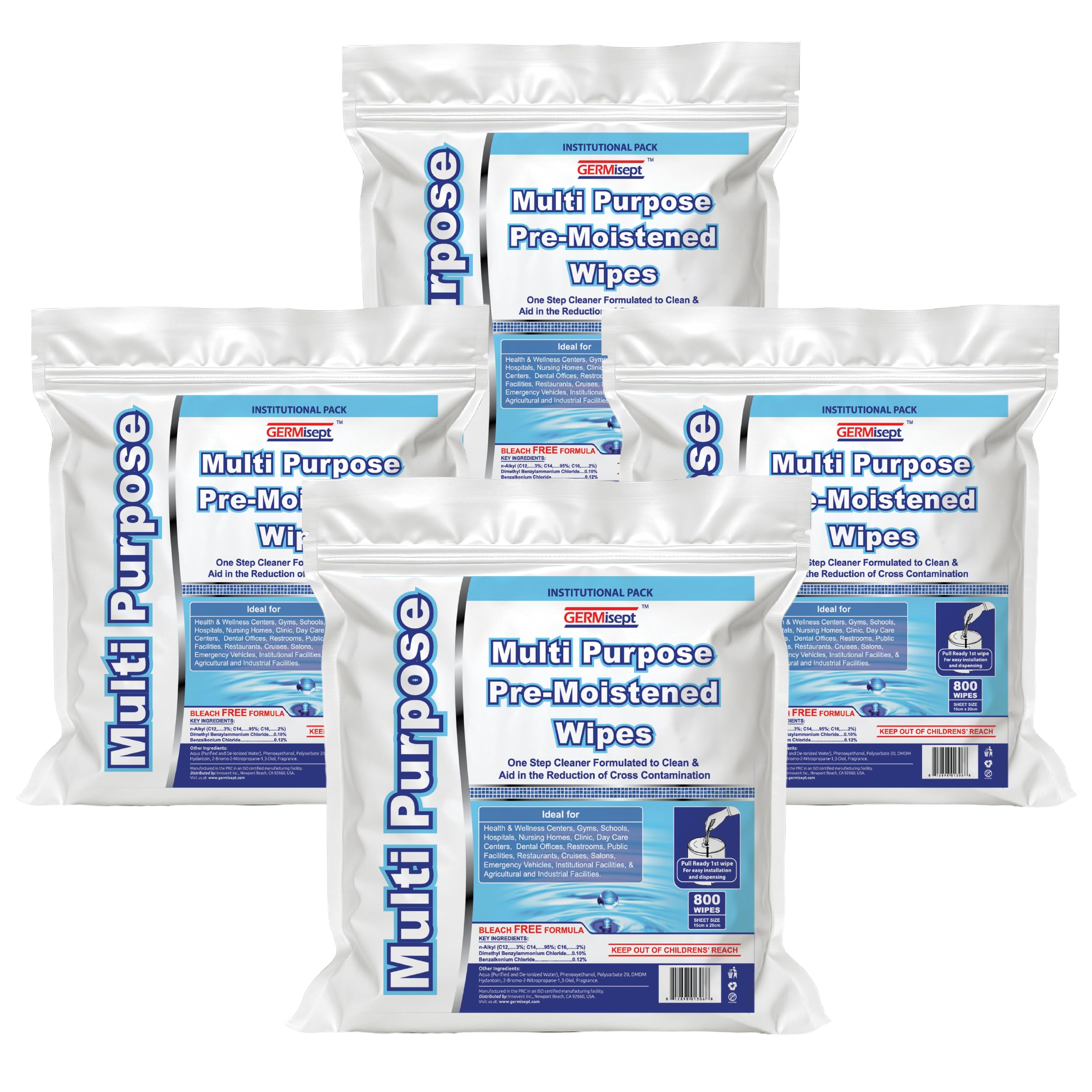 Wet Wipes Bulk - 4 x 800 Count Refill Bags (3200 Commercial Disposable Wipes) Value Pack - For Upward Pull Dispenser Ideal For Public Use
