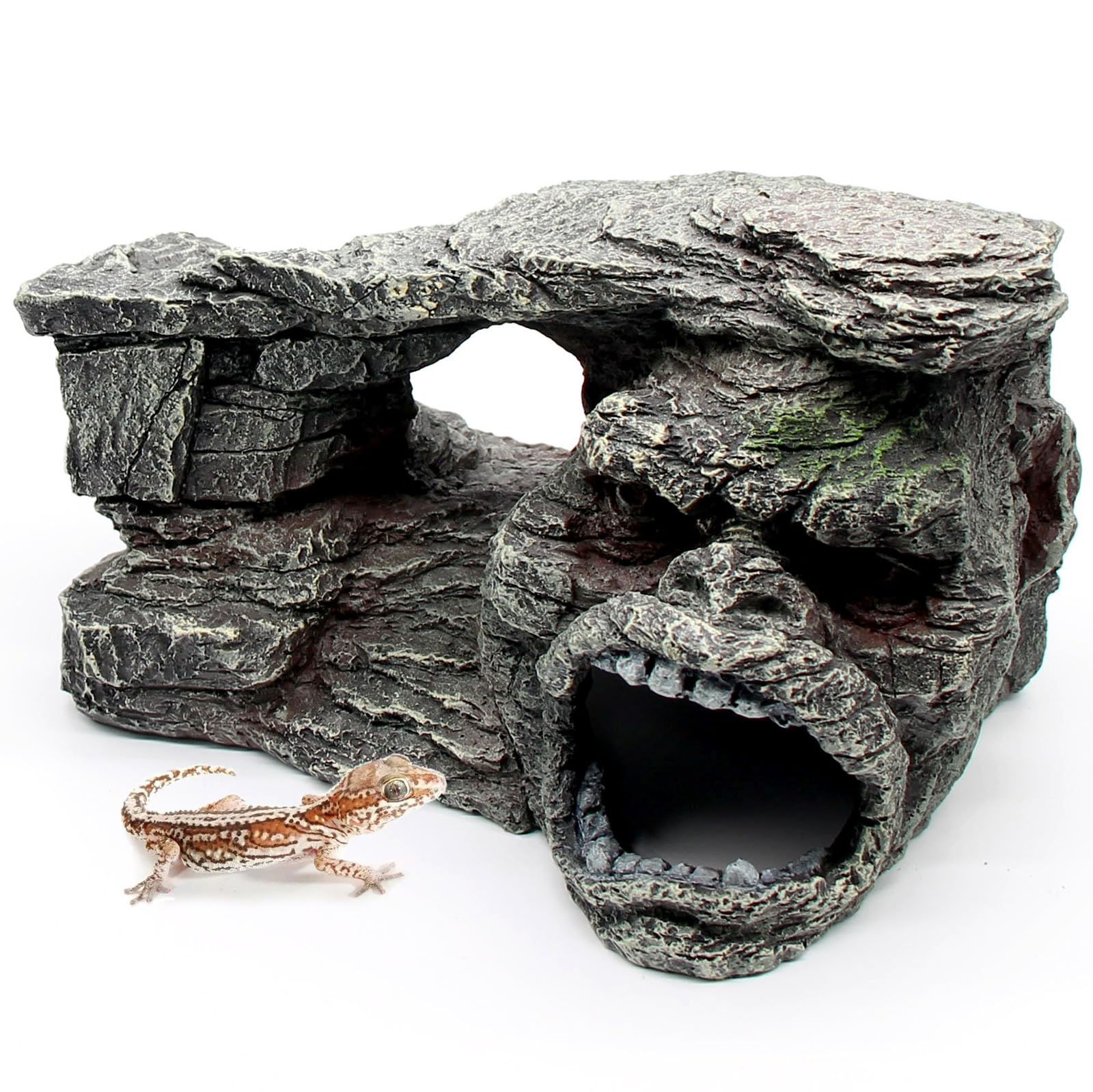 Gecko Hide Shale Scape Step Ledge, Reptile Rock Basking Platform Cave Hideout Tank Accessories Decorations, Great for Reptiles, Amphibians, Leopard Gecko, Snake, Lizard, Frogs, Turtle