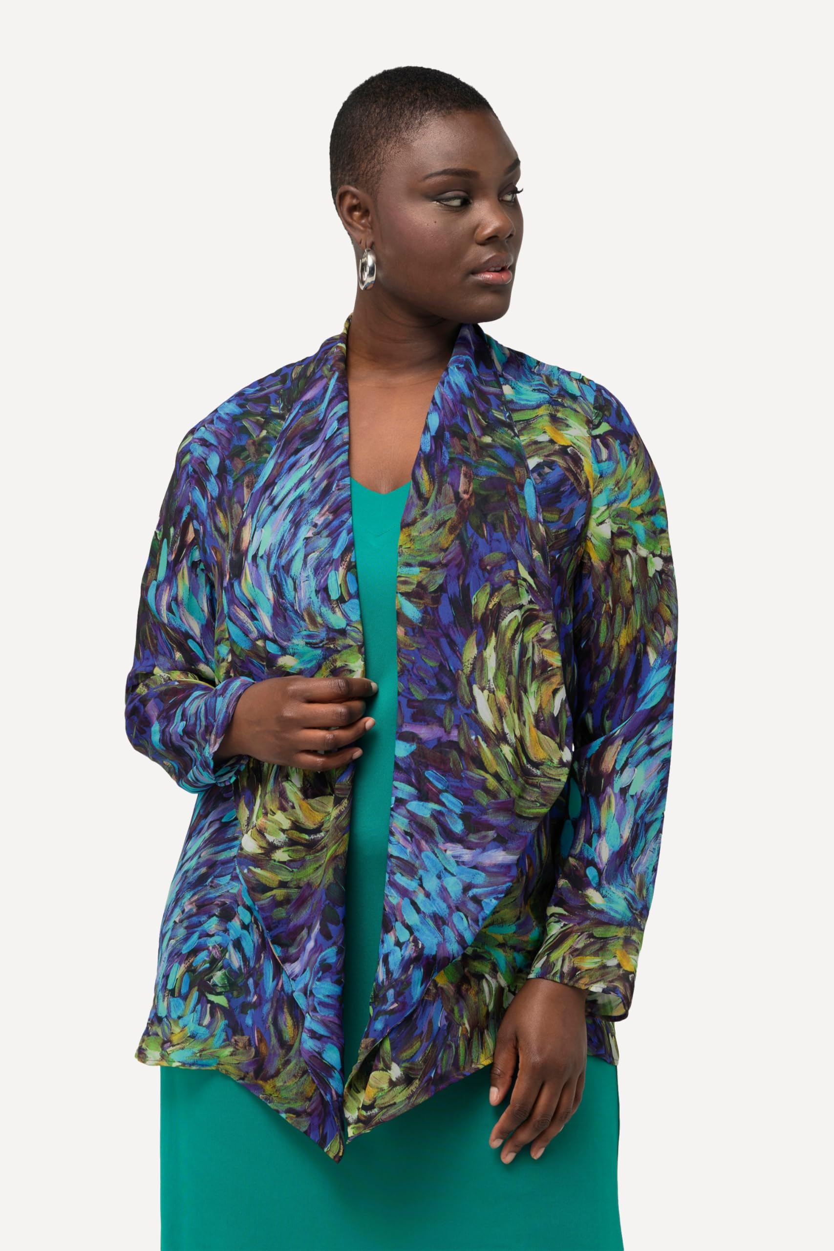 Ulla Popken Femme Grandes Tailles Veste en Mousseline avec col bénitier et Manches Longues 828523
