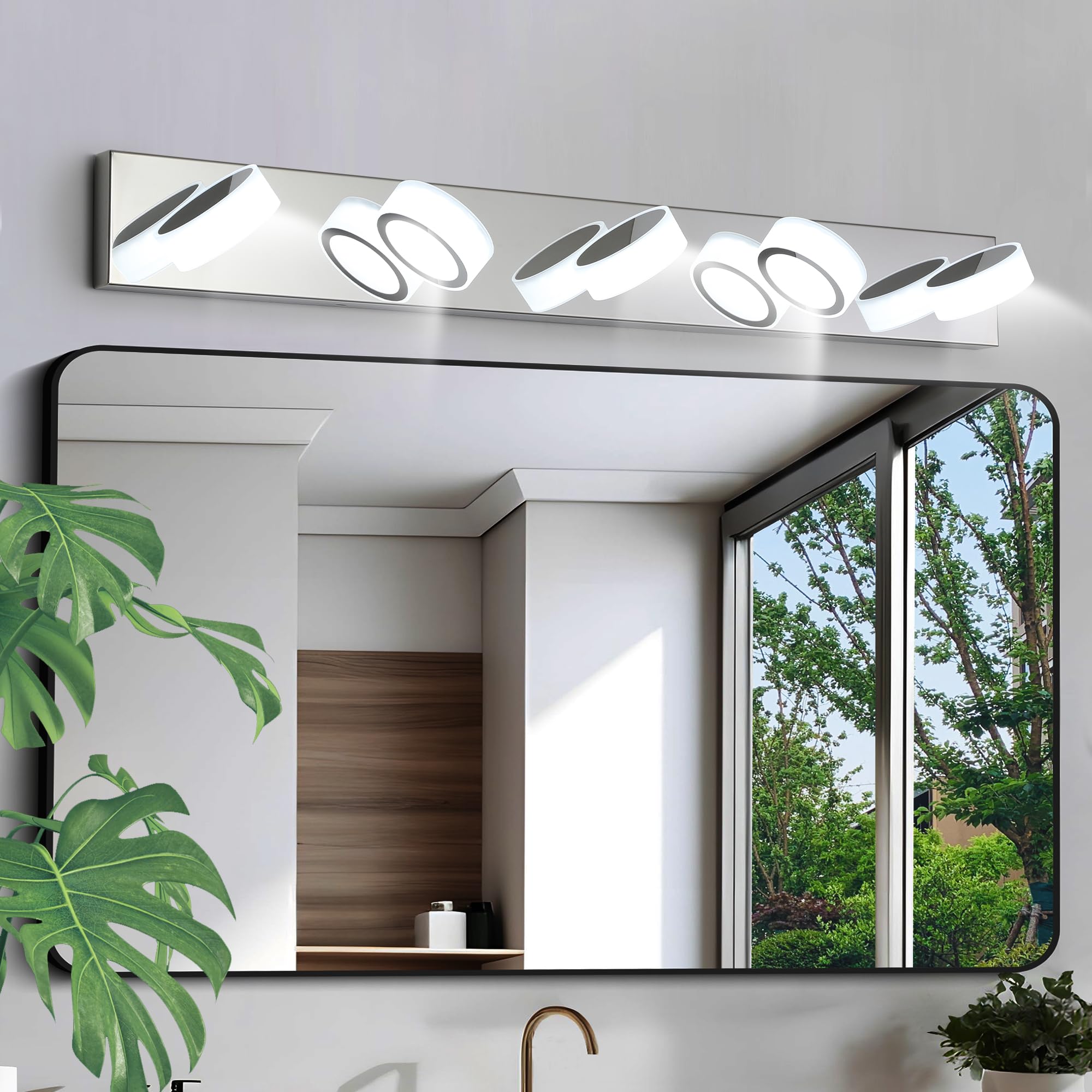 VDOQTLJT Modern 5-Light LED Vanity Light Fixture Dimmable Chrome Finish with Acrylic Shades 37-Inch Length for Bathroom or Dressing Room