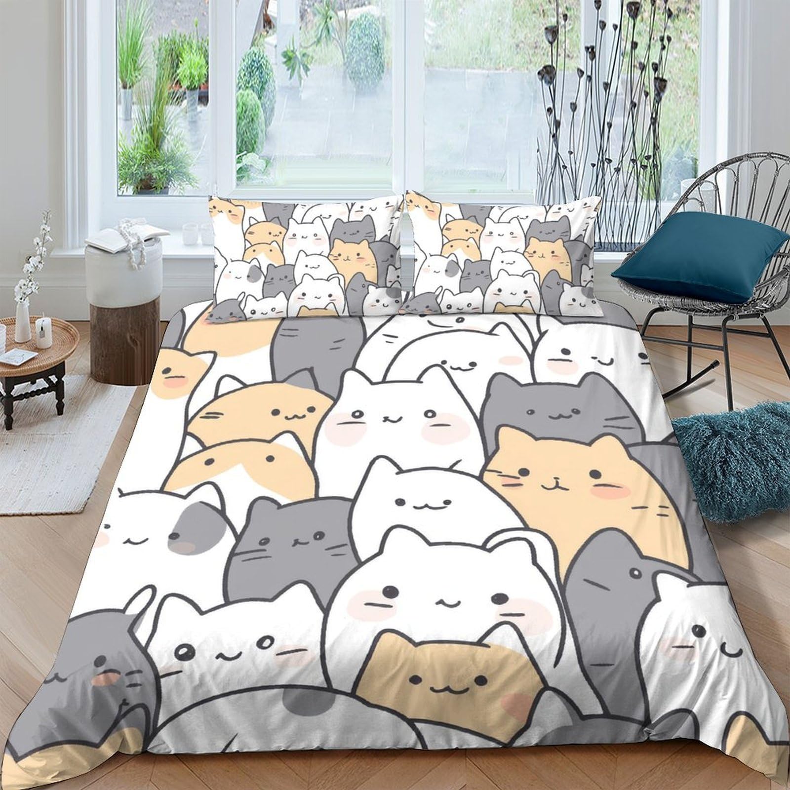 GPLZQXKJNH 3D Printed Cartoon Cat Duvet Cover Microfiber Soft Breathable Kawaii Feline Bedding Set with 2 Pillowcases for Bedroom Decoration Single（135x200cm）