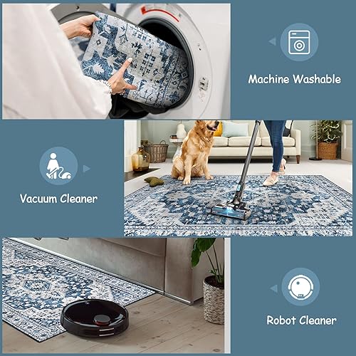 Miniatura 3 de Moynesa Alfombra de pasillo lavable ultrafina  2 x 6 pulgadas, color azul, alfombra lavable para cocina, baño, alfombra de pasillo con estampado