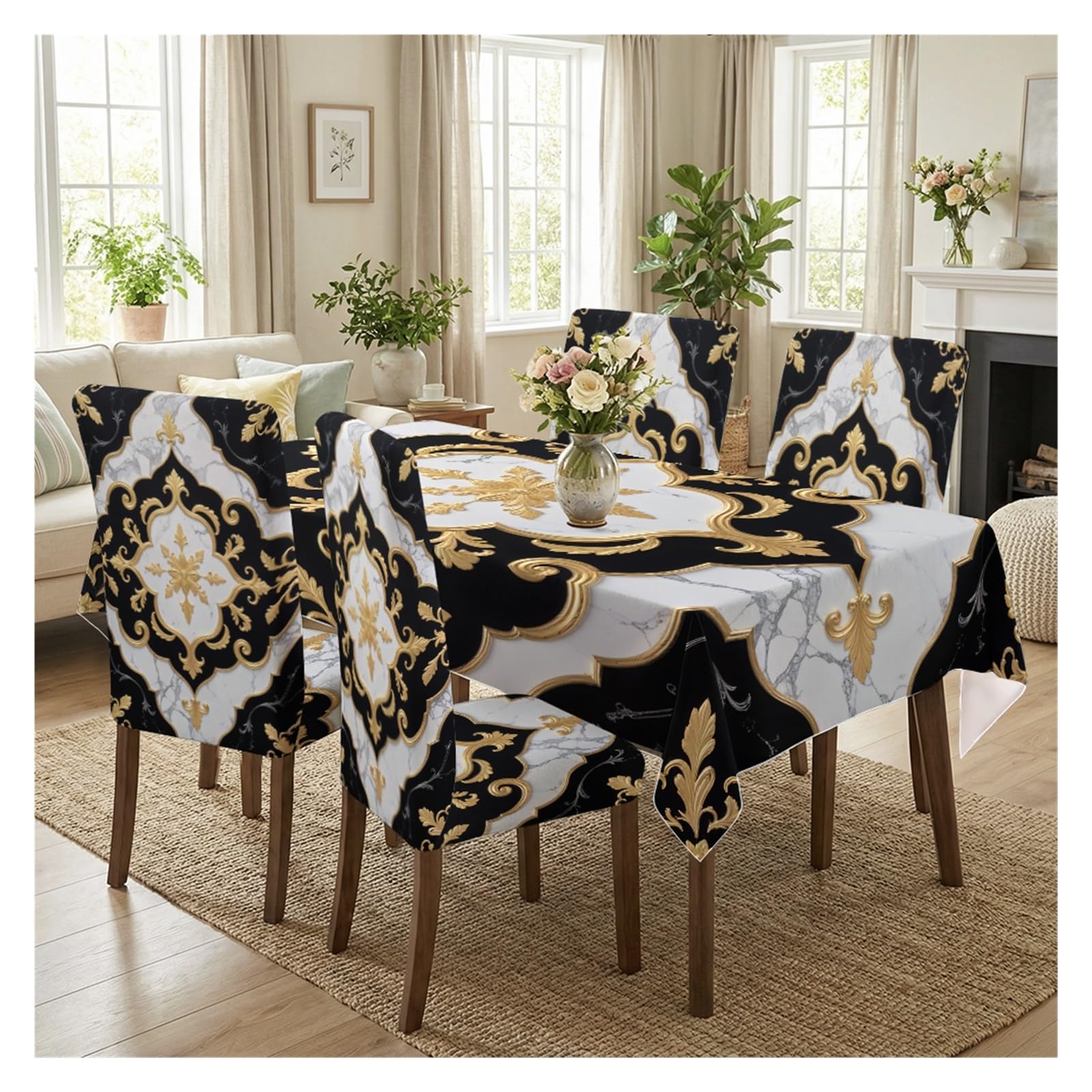 BOSUYBN Stretch Dining Chair Slipcover & Tablecloth Set, Black White Gold Marble Damask Print, 5/7 Pack, Luxury Elegant Home Decor Table Setting(5pcs Set: Tablecloth+Chair Covers)