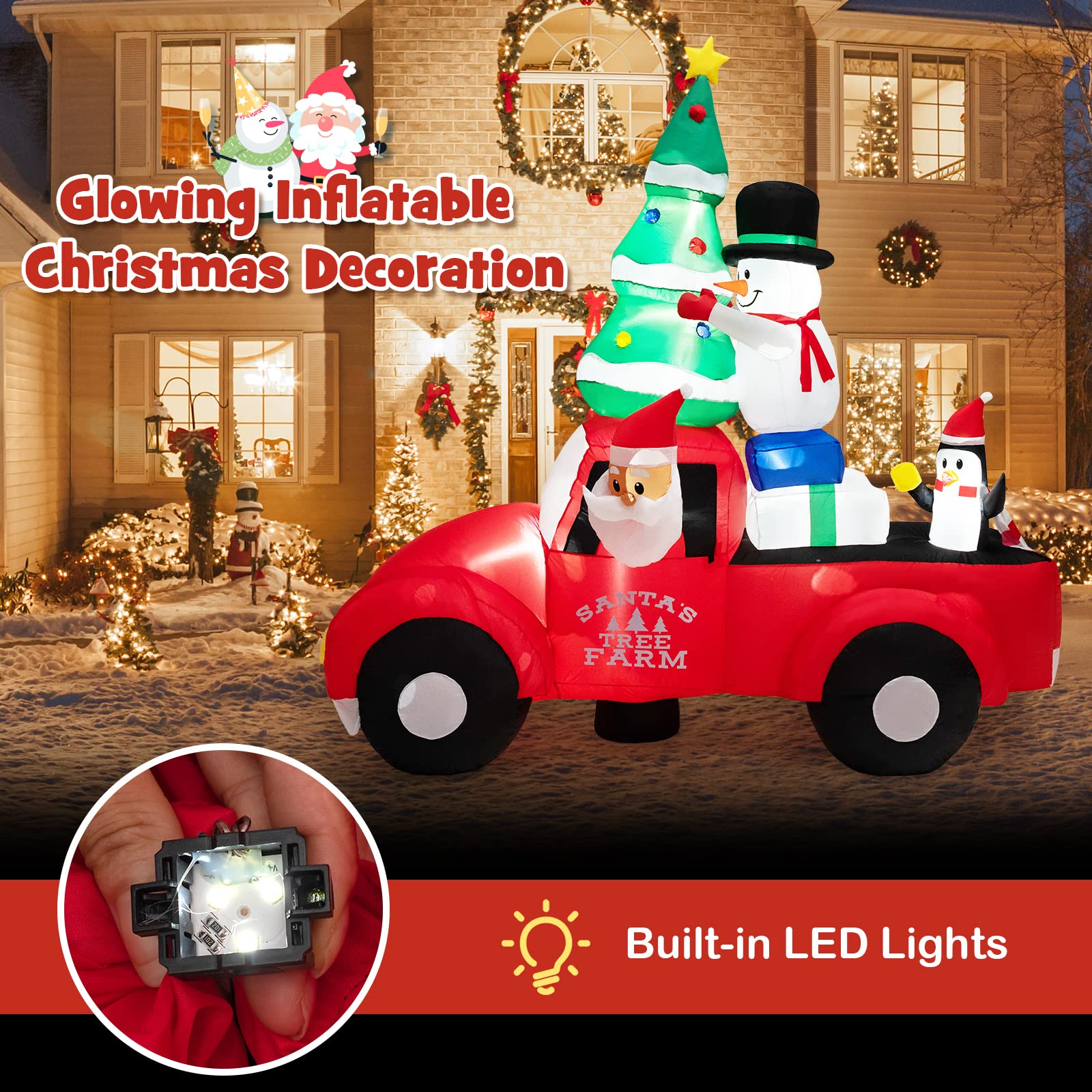 GOPLUS 2,4m aufblasbarer Weihnachtsmann Deko, Santa Claus im Auto mit LED Lichtern & Gebläse, Weihnachtsdeko XXL aufblasbar mit Weihnachtsbaum, Schneemann & Pinguin für drinnen & draußen