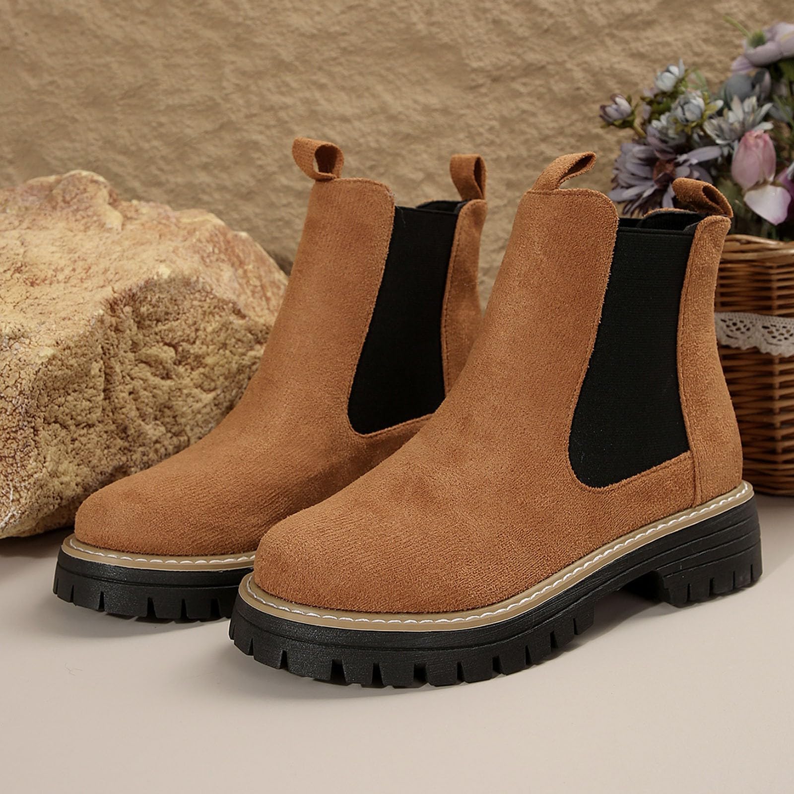 Petite - Botines de gamuza para mujer, de moda, estilo Chelsea, para invierno, hasta la rodilla, tacón de bloque, para días lluviosos, viajes, oficina, por encima de la rodilla, Brown, 39.5 EU